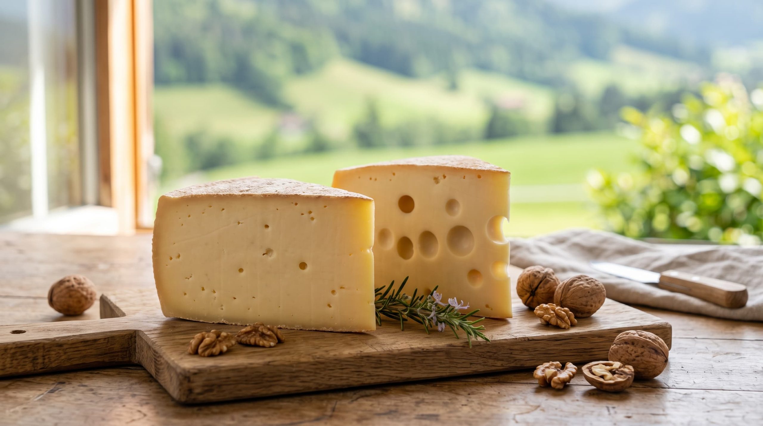 Allgäuer Bergkäse und Allgäuer Emmentaler im Vergleich auf einem Holzbrett