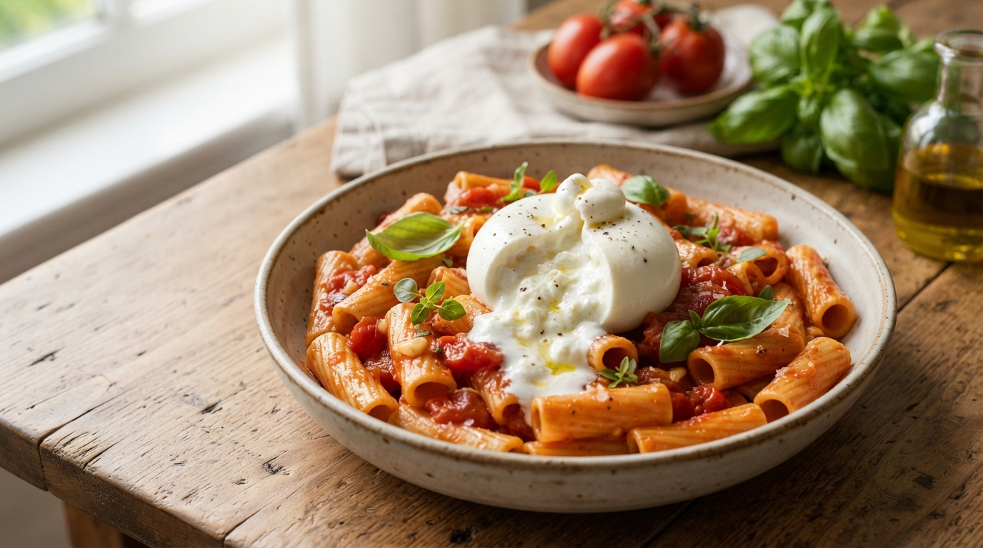 Burrata Pasta Rezept mit San-Marzano-Tomaten und frischem Basilikum