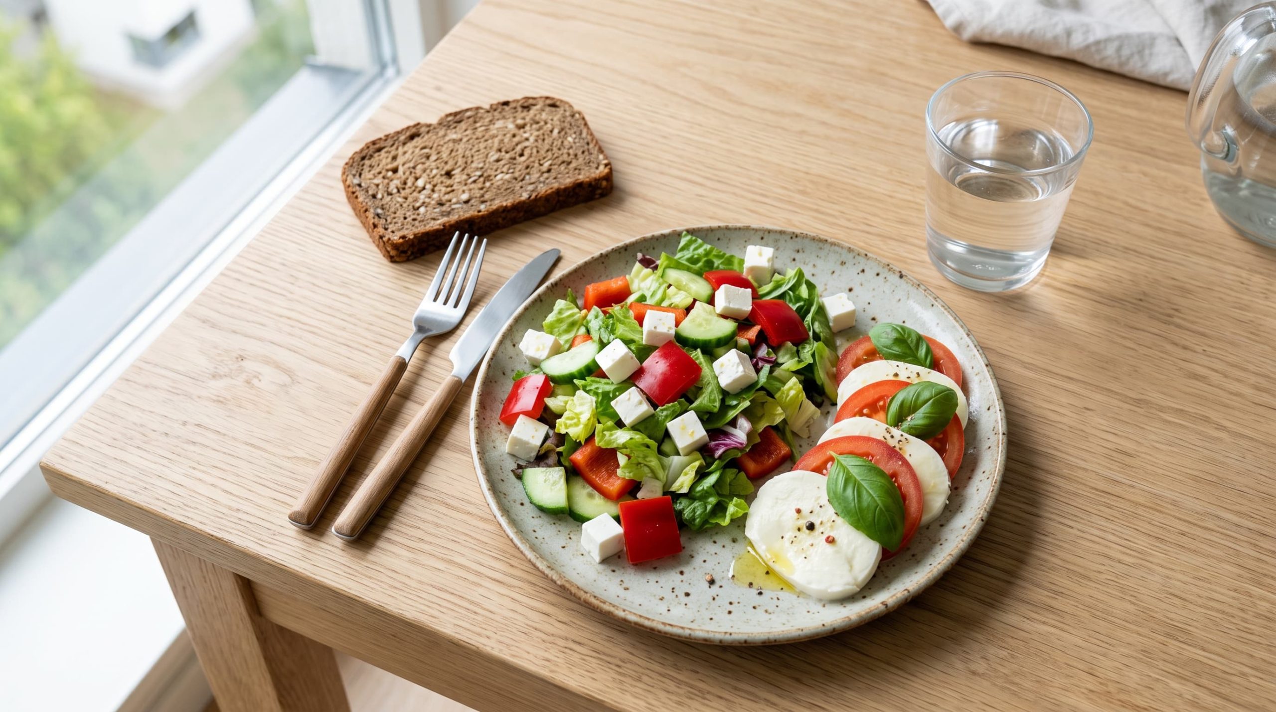 Käse bei Diabetes: Mozzarella, Feta und Gemüsesalat mit Vollkornbrot und Wasser auf einem Holztisch