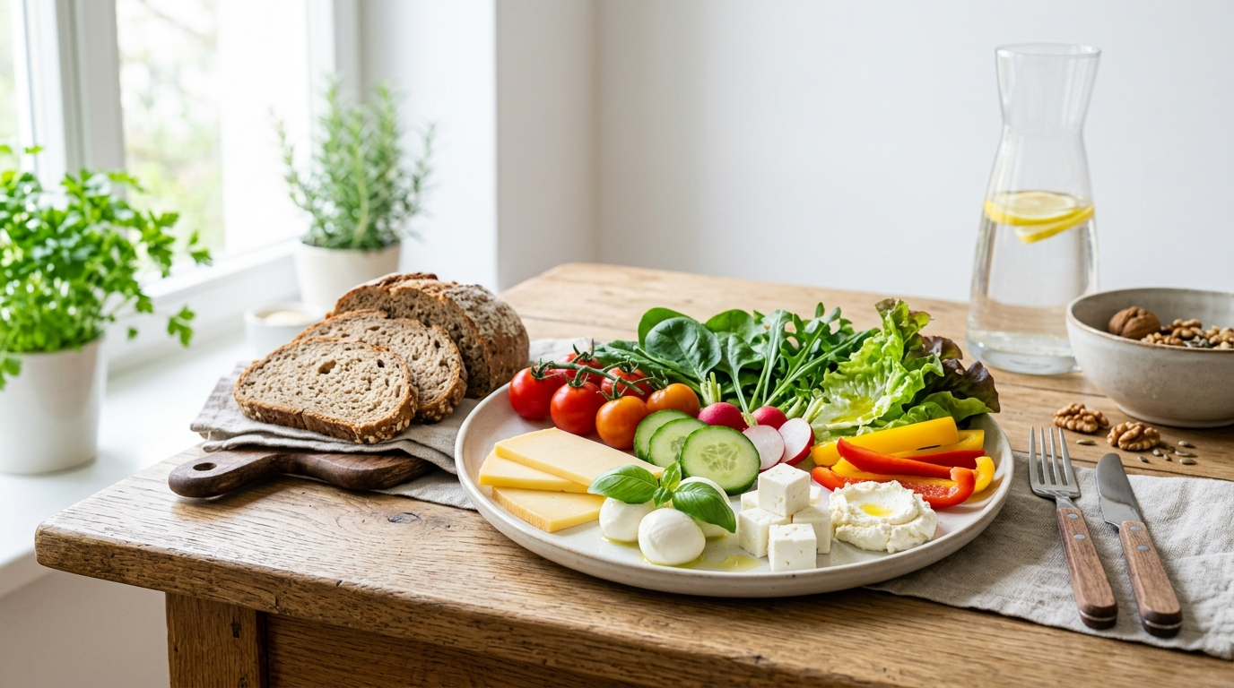 Käse bei Gicht: Gouda, Mozzarella und Gemüsesalat mit einem Glas Wasser auf einem Holztisch