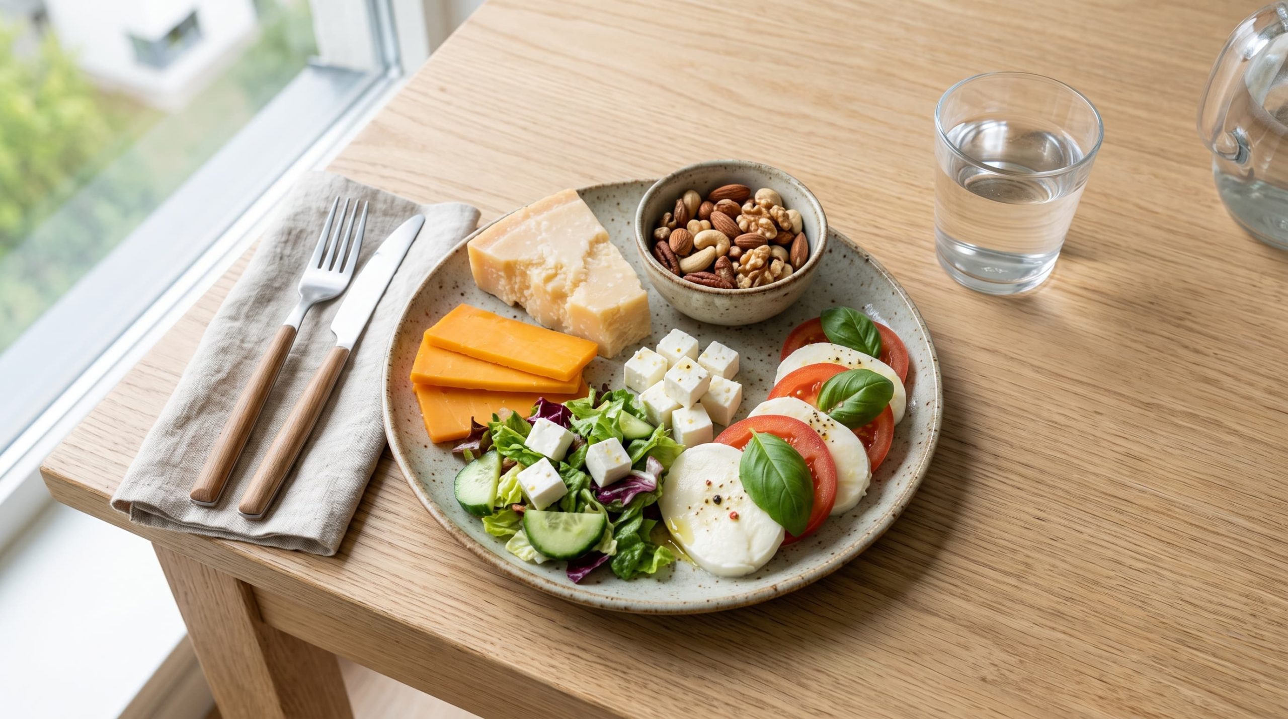 Käse bei Keto: Parmesan, Cheddar, Mozzarella und Feta mit Gemüse und Nüssen auf einem Holztisch
