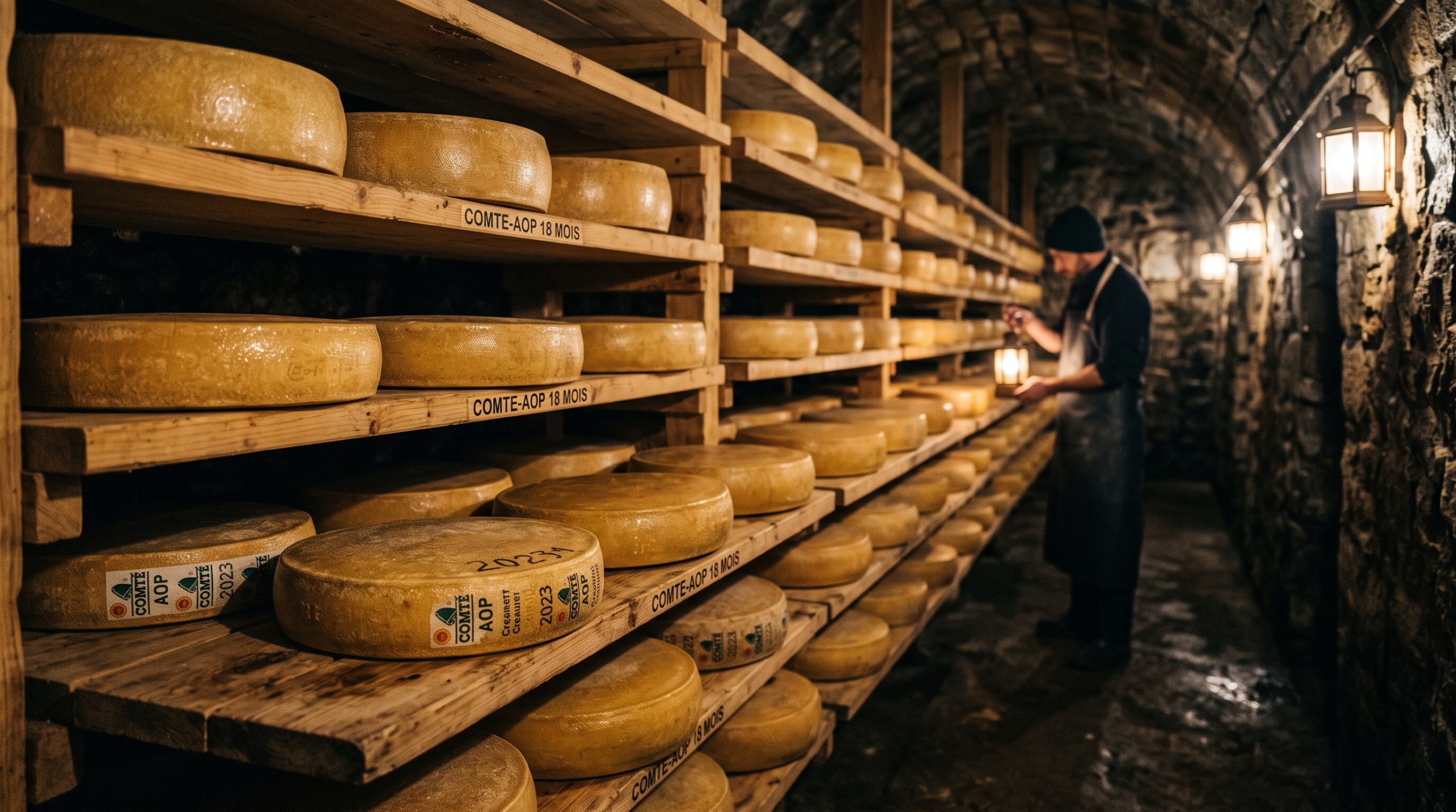 Käse reifen lassen: Auf Fichtenholzbrettern gelagerte Käselaibe in einem traditionellen Reifekeller mit kontrollierter Luftfeuchtigkeit