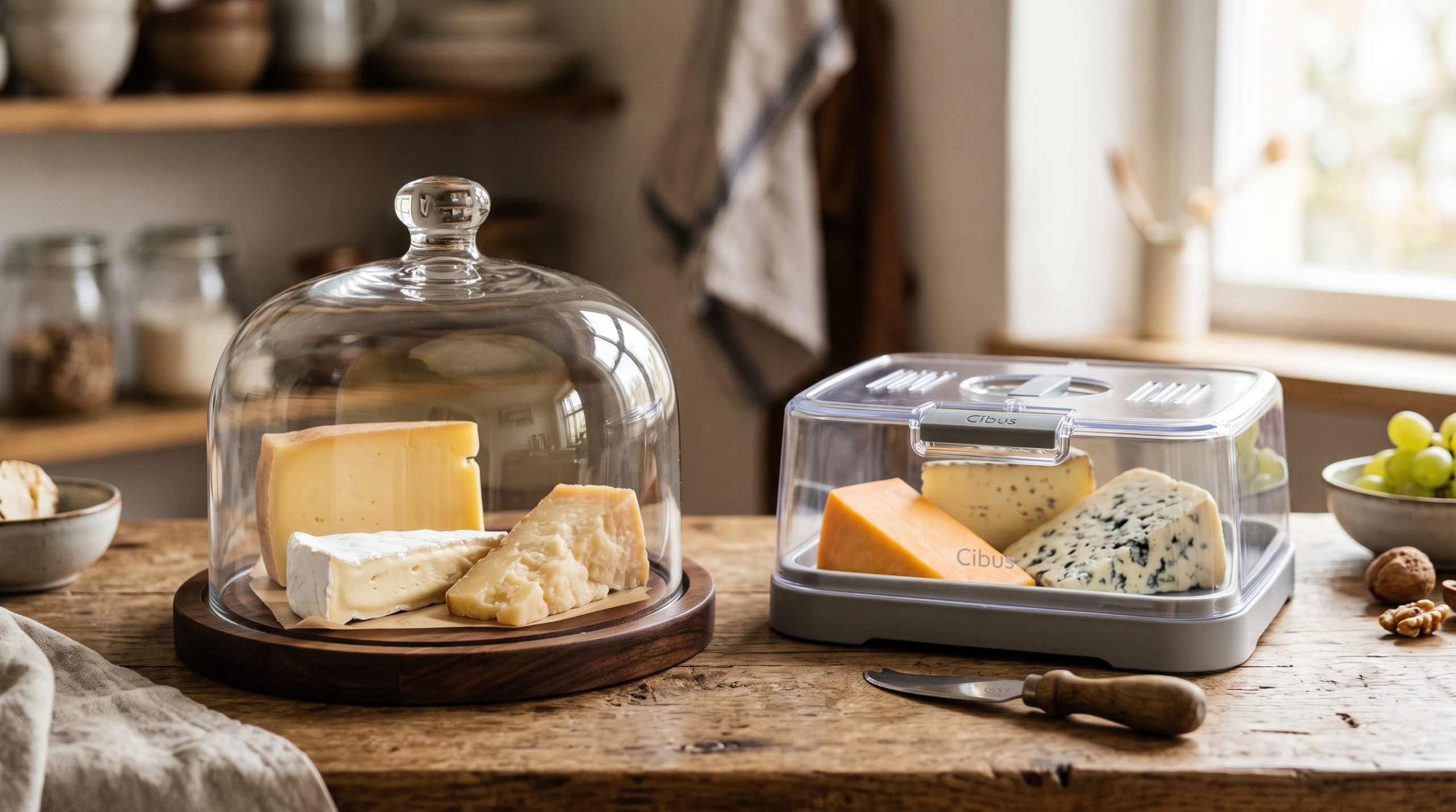 Käseglocke oder Käsedose: Eine traditionelle Glas-Käseglocke und eine moderne Käsedose nebeneinander auf einem Holztisch