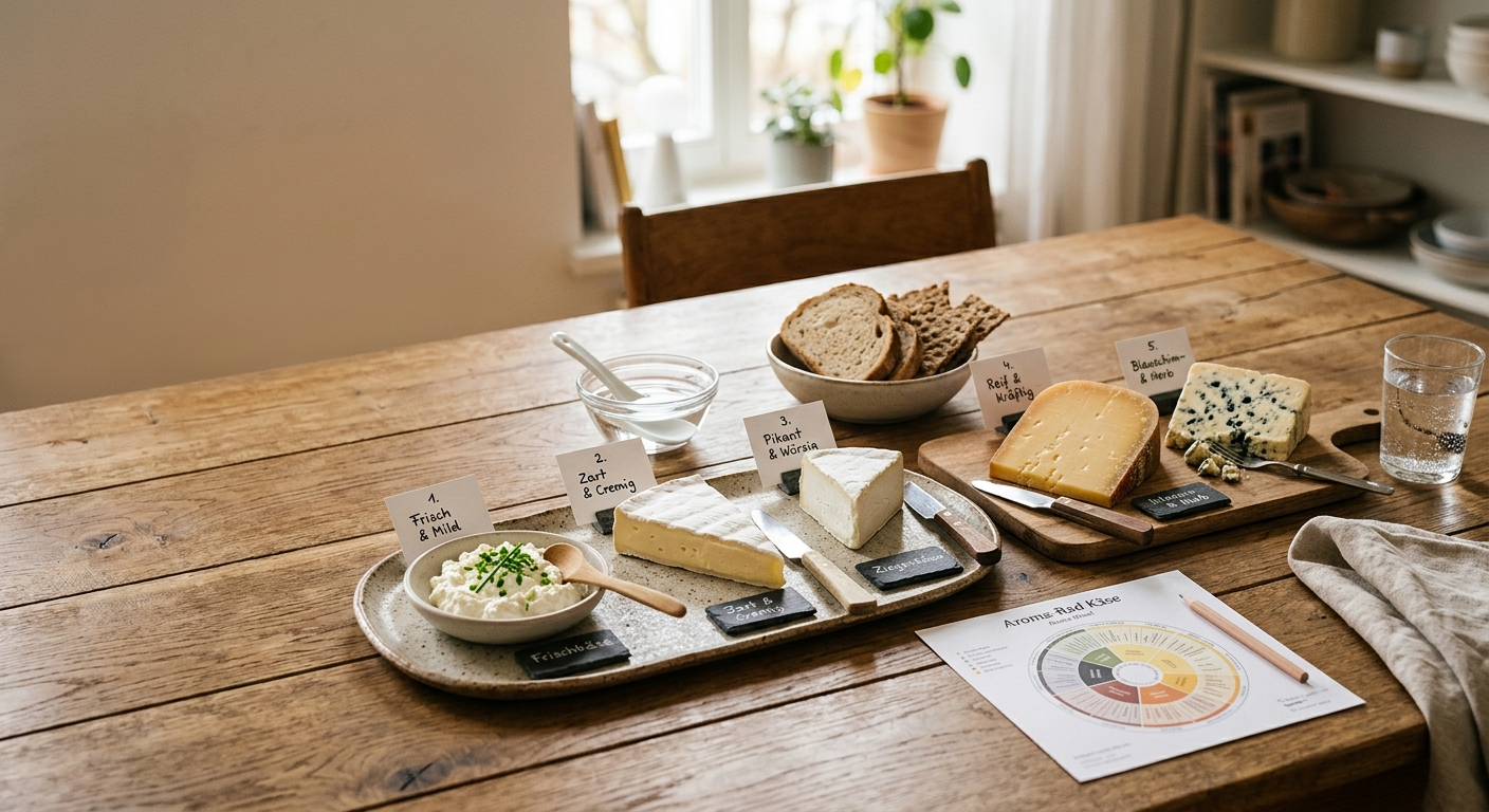 Käseverkostung zu Hause mit verschiedenen Käsesorten und Tasting-Zubehör