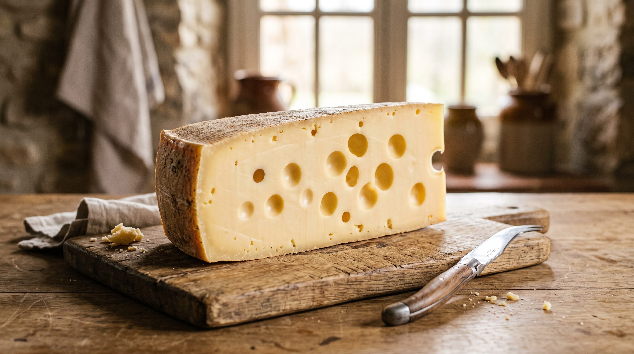 Löcher im Käse: Ein großes Stück Schweizer Emmentaler mit charakteristischen runden Löchern auf einem Holzbrett