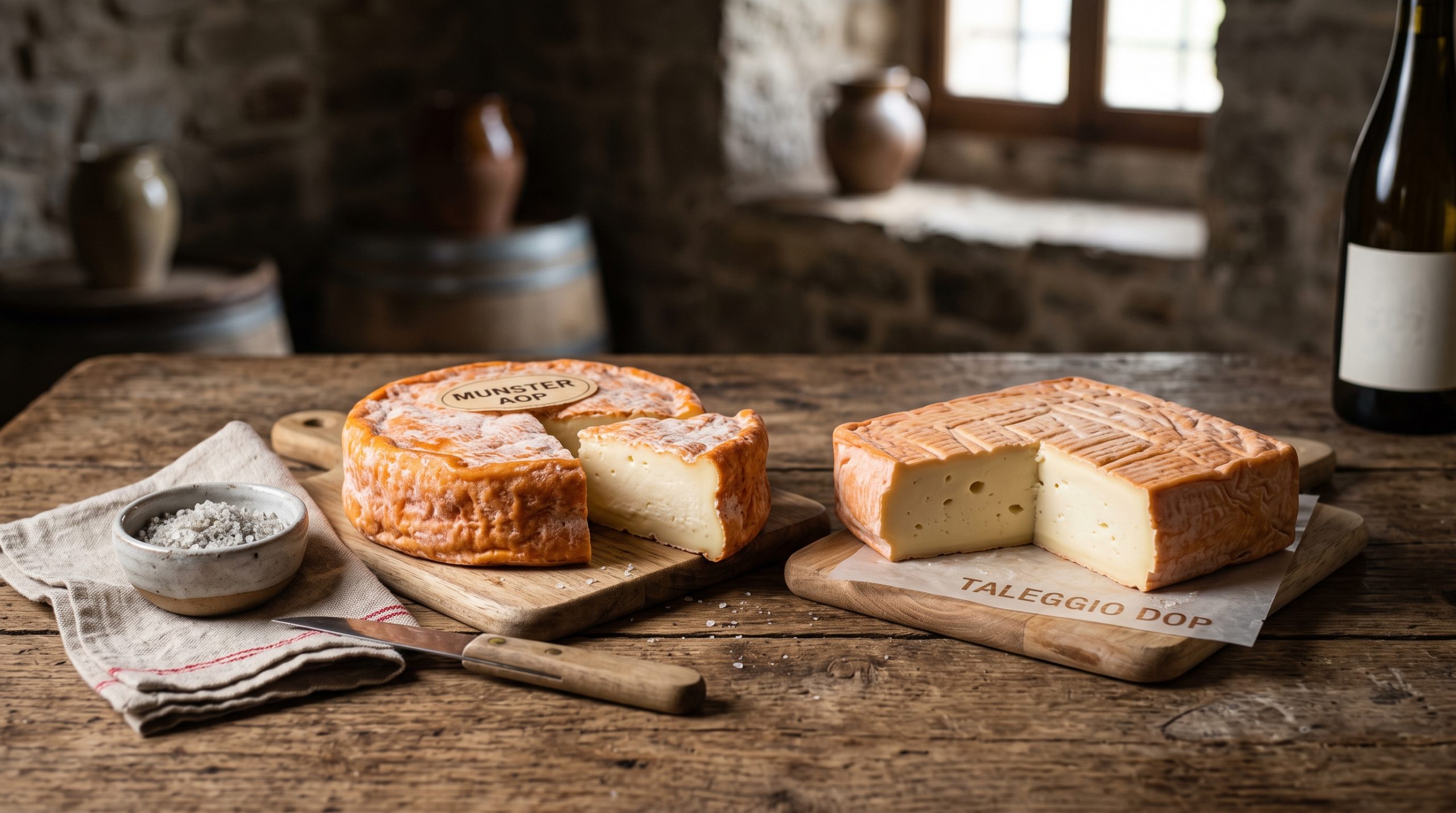 Rotkulturkäse: Ein runder Laib Munster und ein Taleggio mit kräftig orangeroter Rinde auf einem Reifebrett