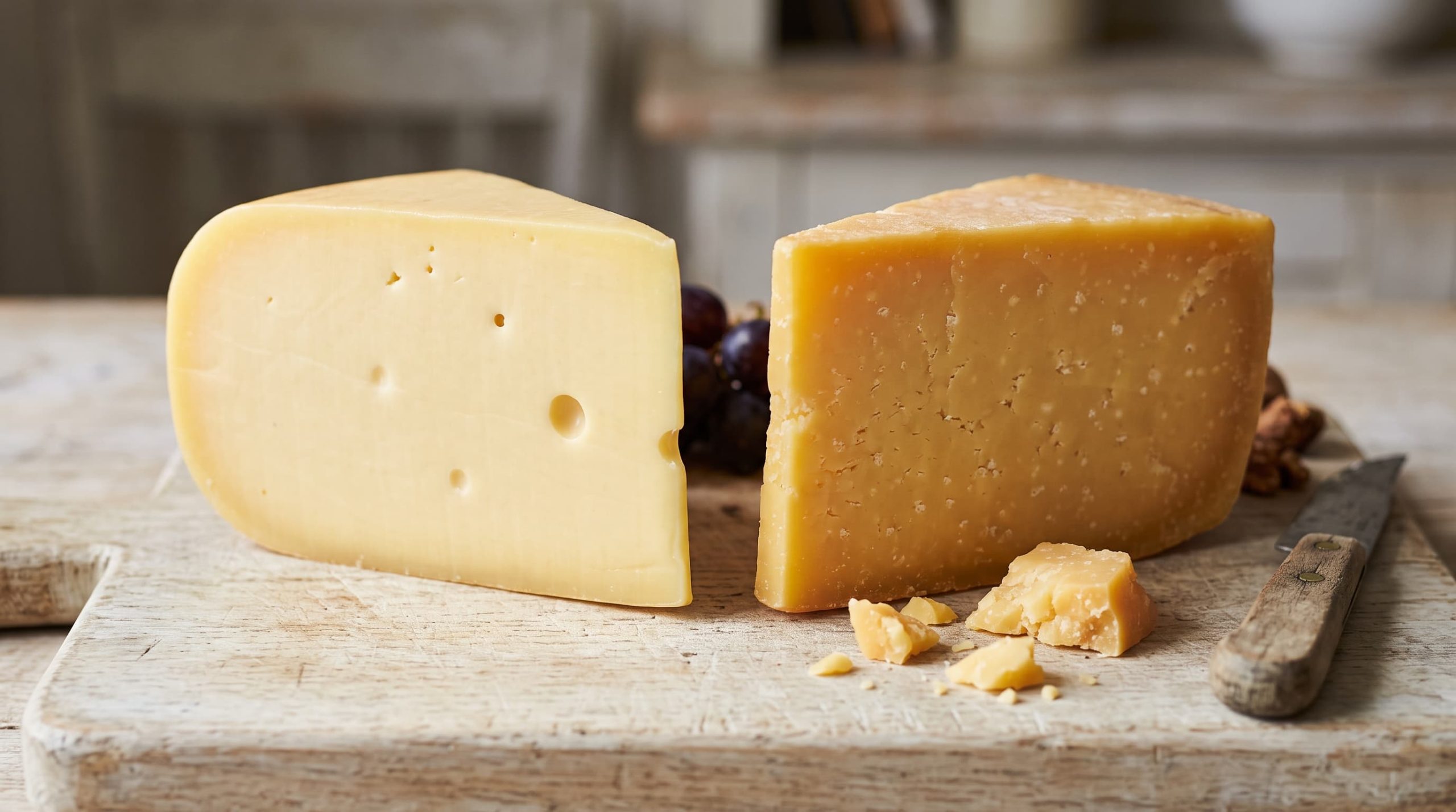 Alter Käse mit mürber Struktur neben einer jüngeren Gouda-Variante