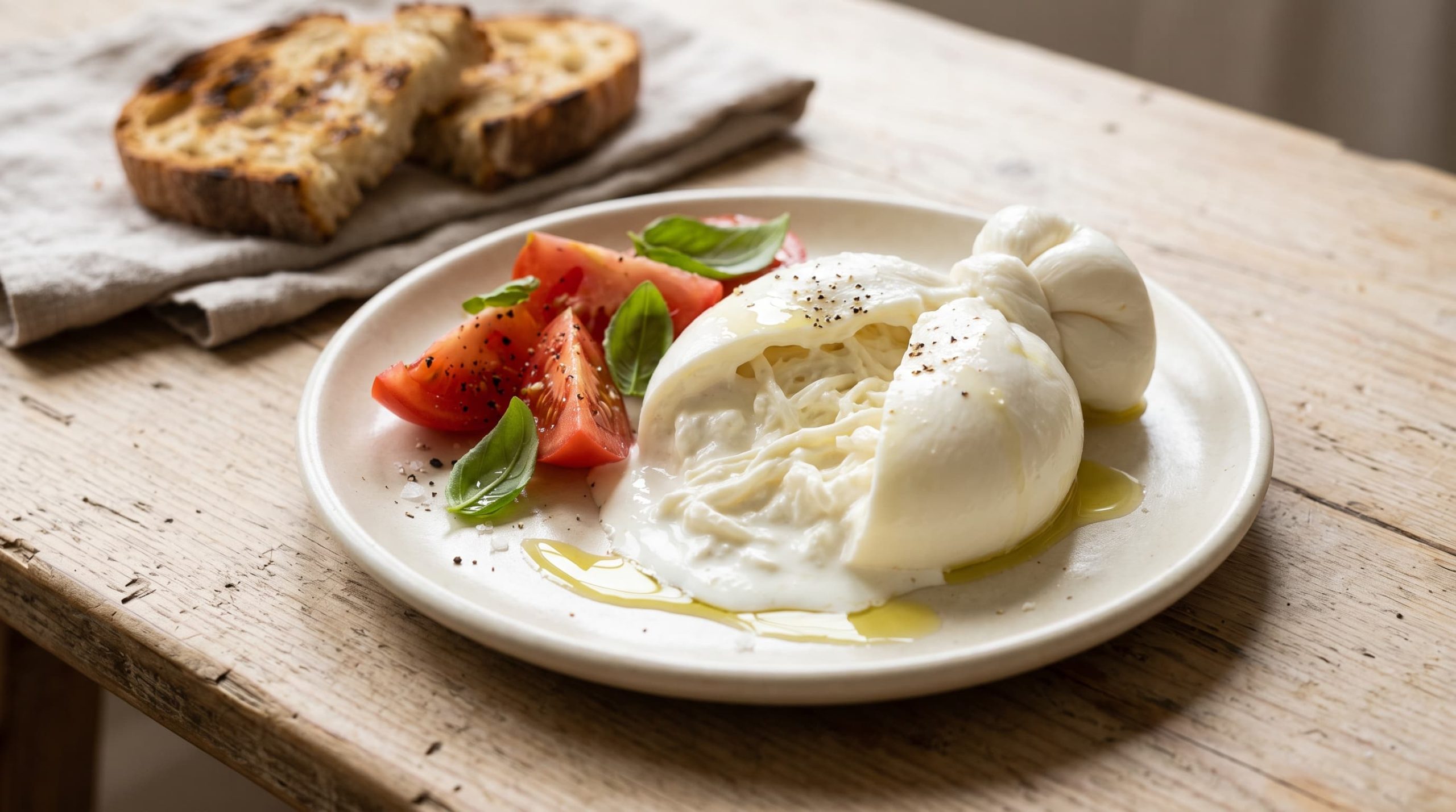 Burrata mit cremiger Stracciatella-Füllung, Tomaten und Basilikum