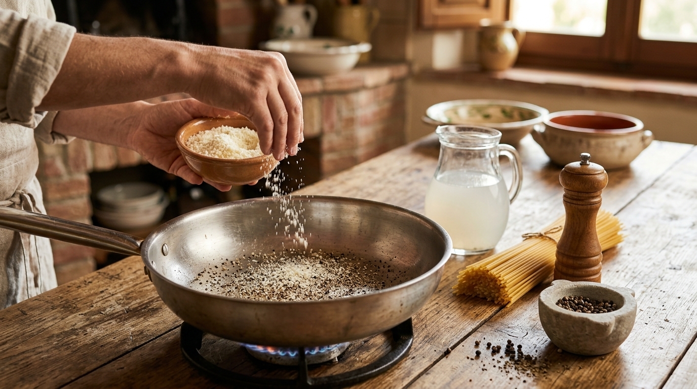 ALT text: Cacio e Pepe Zutaten mit Pecorino Romano und schwarzem Pfeffer