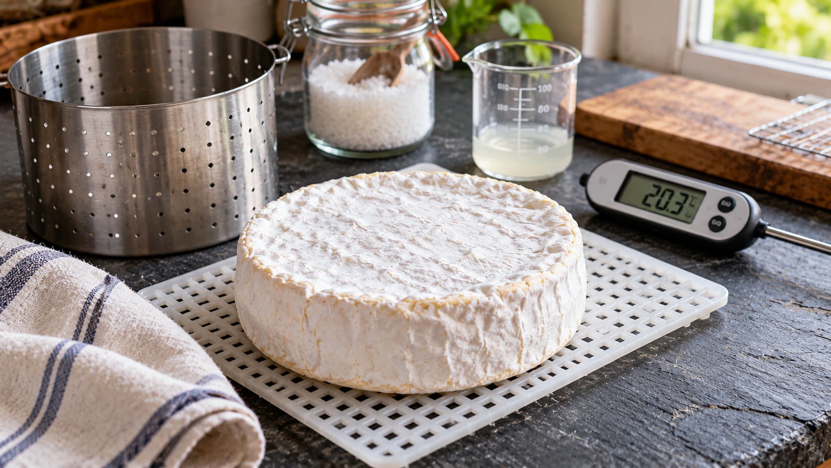 Camembert selber machen – Weißschimmelkäse bei der Reifung auf der Abtropfmatte