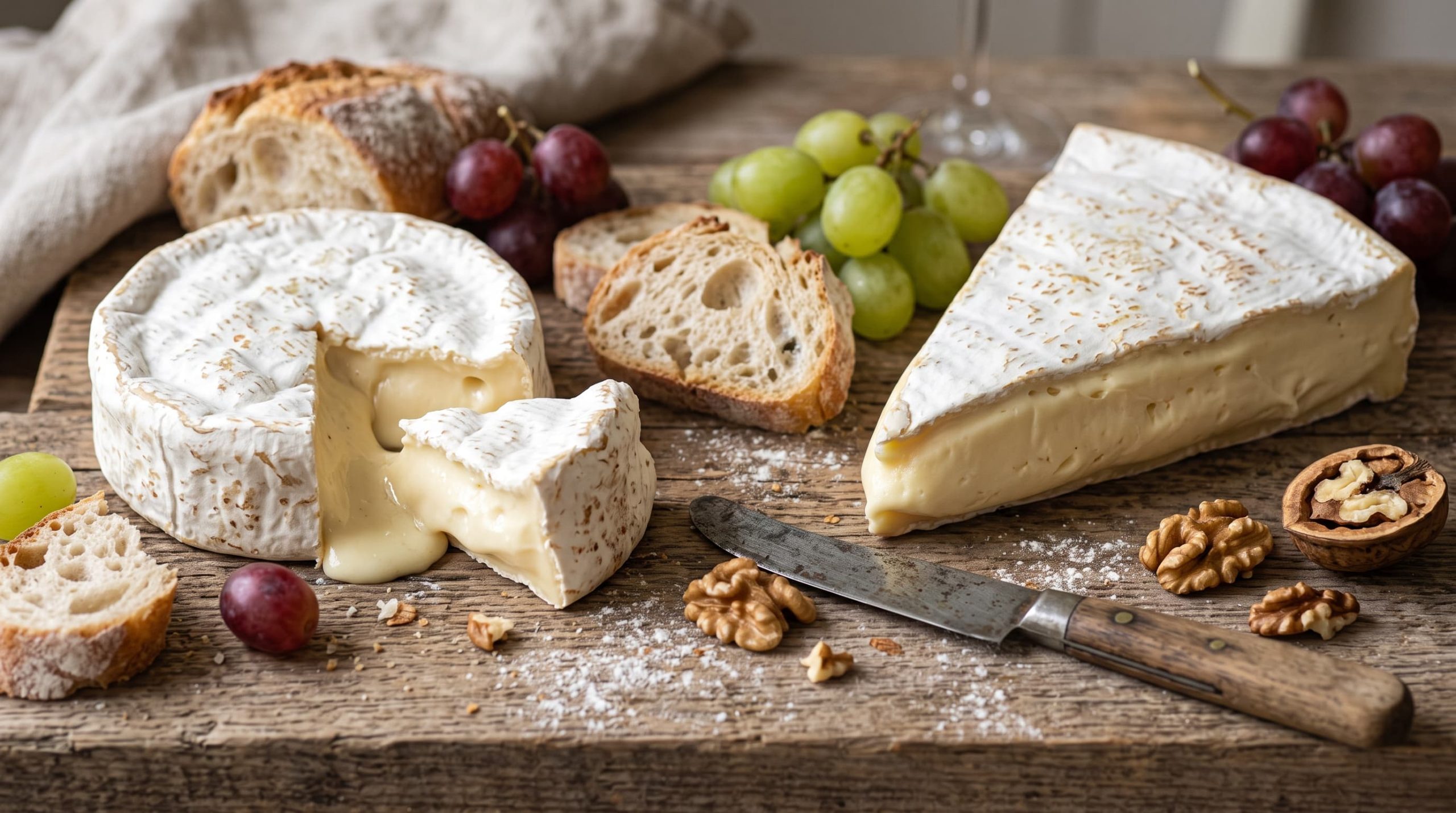 Camembert und Brie im direkten Vergleich auf einem Holzbrett mit Baguette und Trauben