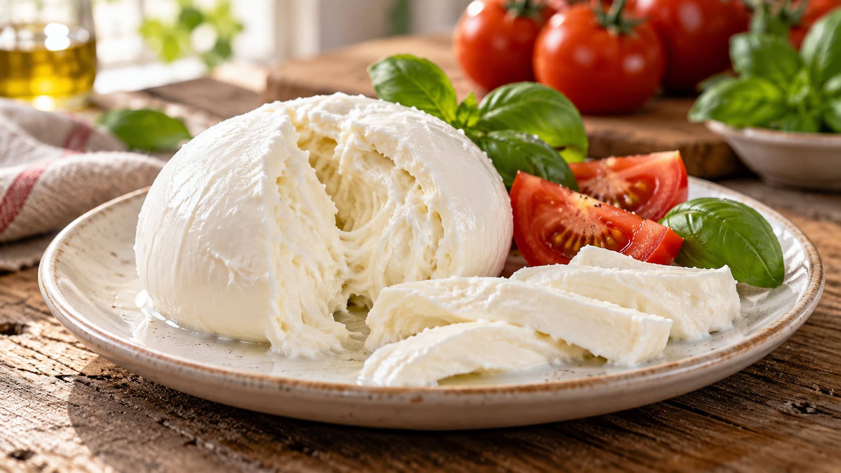 Mozzarella mit aufgerissener Faserstruktur, Tomaten und Basilikum auf einem Teller