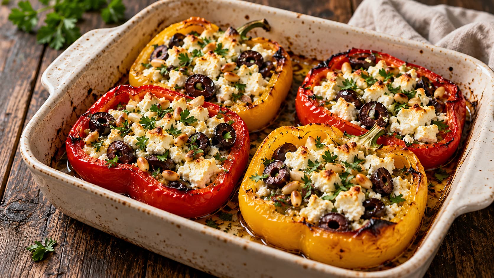 Gefüllte Paprika Feta: mit Oliven und Pinienkernen goldbraun im Backofen gebacken