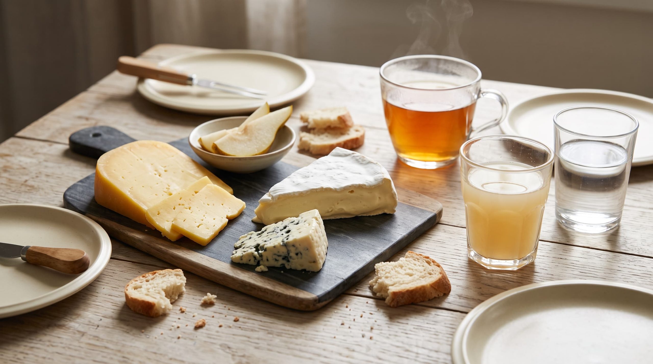 Getränke zu Käse: Tee, Apfelschorle und stilles Wasser neben einer Käseauswahl