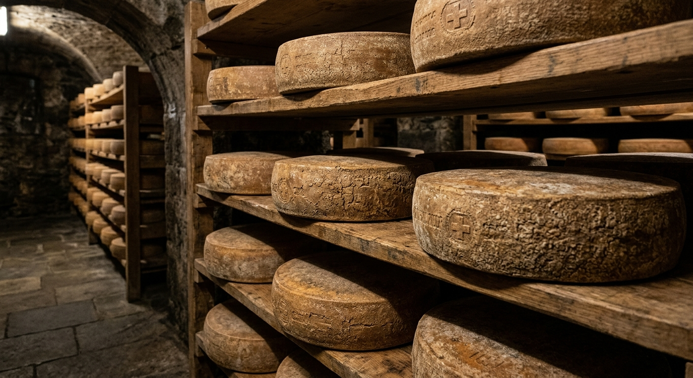 Gruyère Käse Reifung im Reifekeller