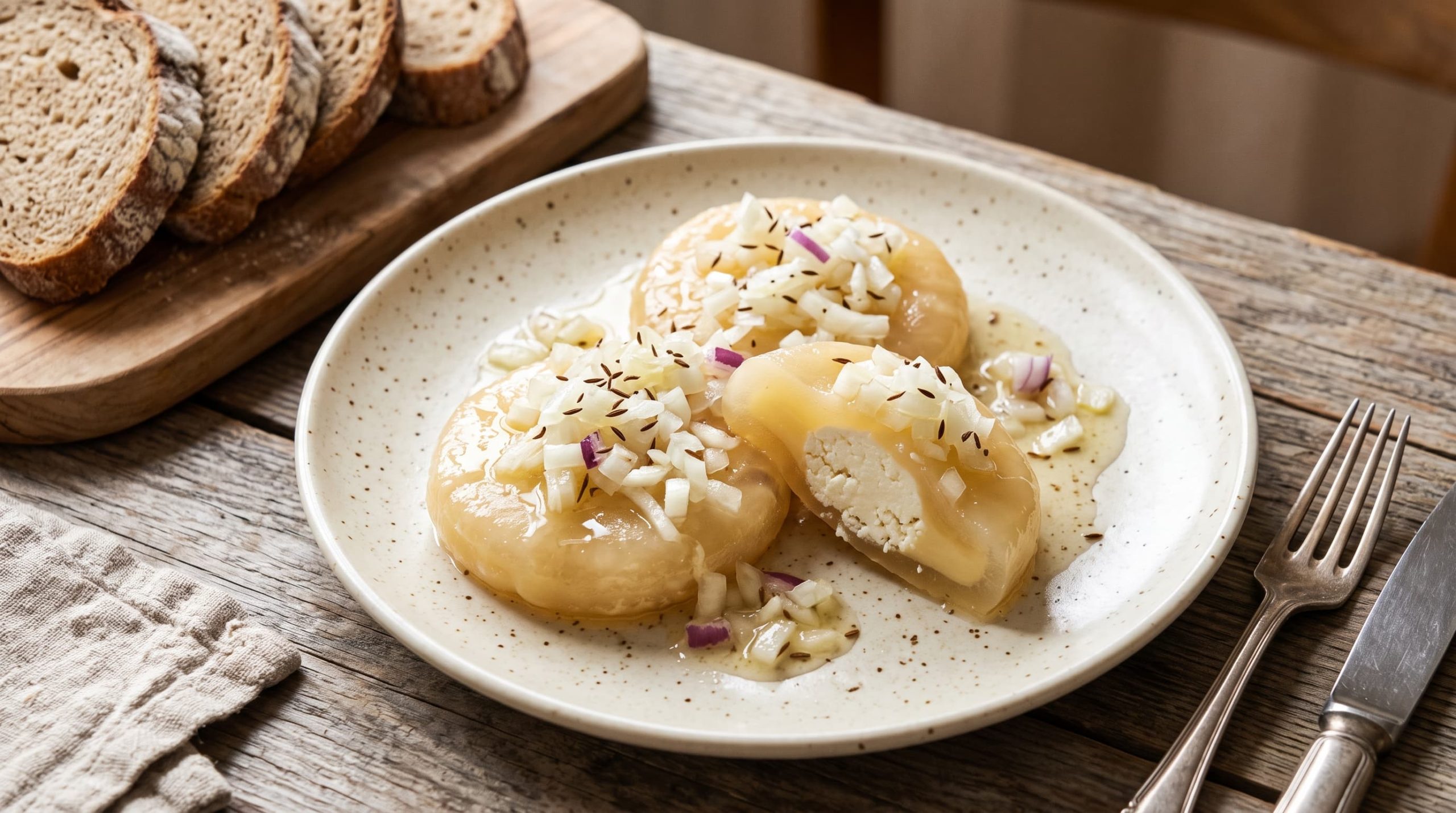 Handkäse mit Musik, Zwiebeln und Kümmel auf einem Keramikteller