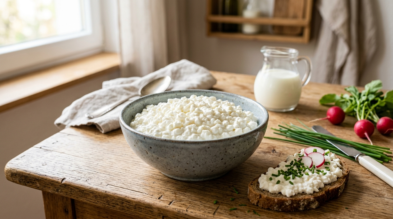 Fresh Hüttenkäse (cottage cheese) in a ceramic bowl on a wooden table with chives, radishes, a glass milk jug, and whole-grain bread.