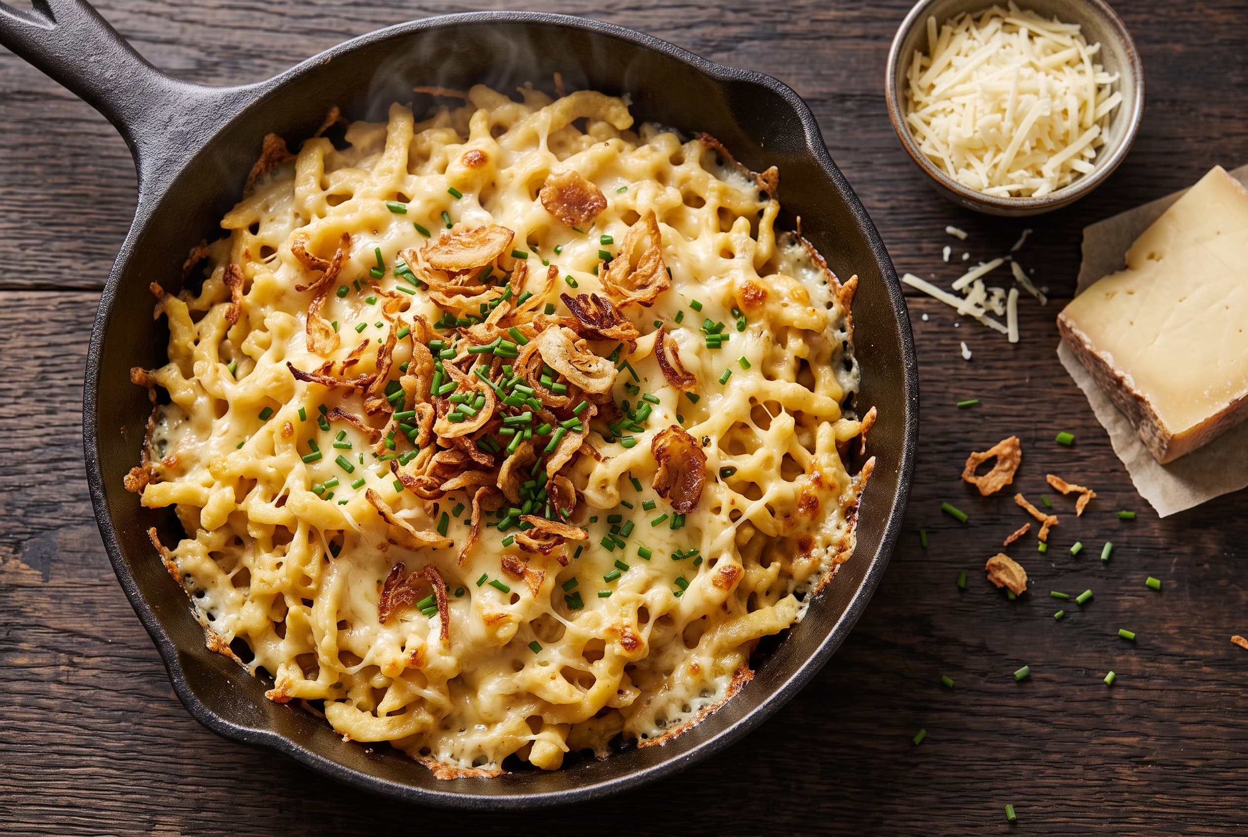 Käse für Käsespätzle: geschmolzener Bergkäse auf heißen Spätzle mit Röstzwiebeln