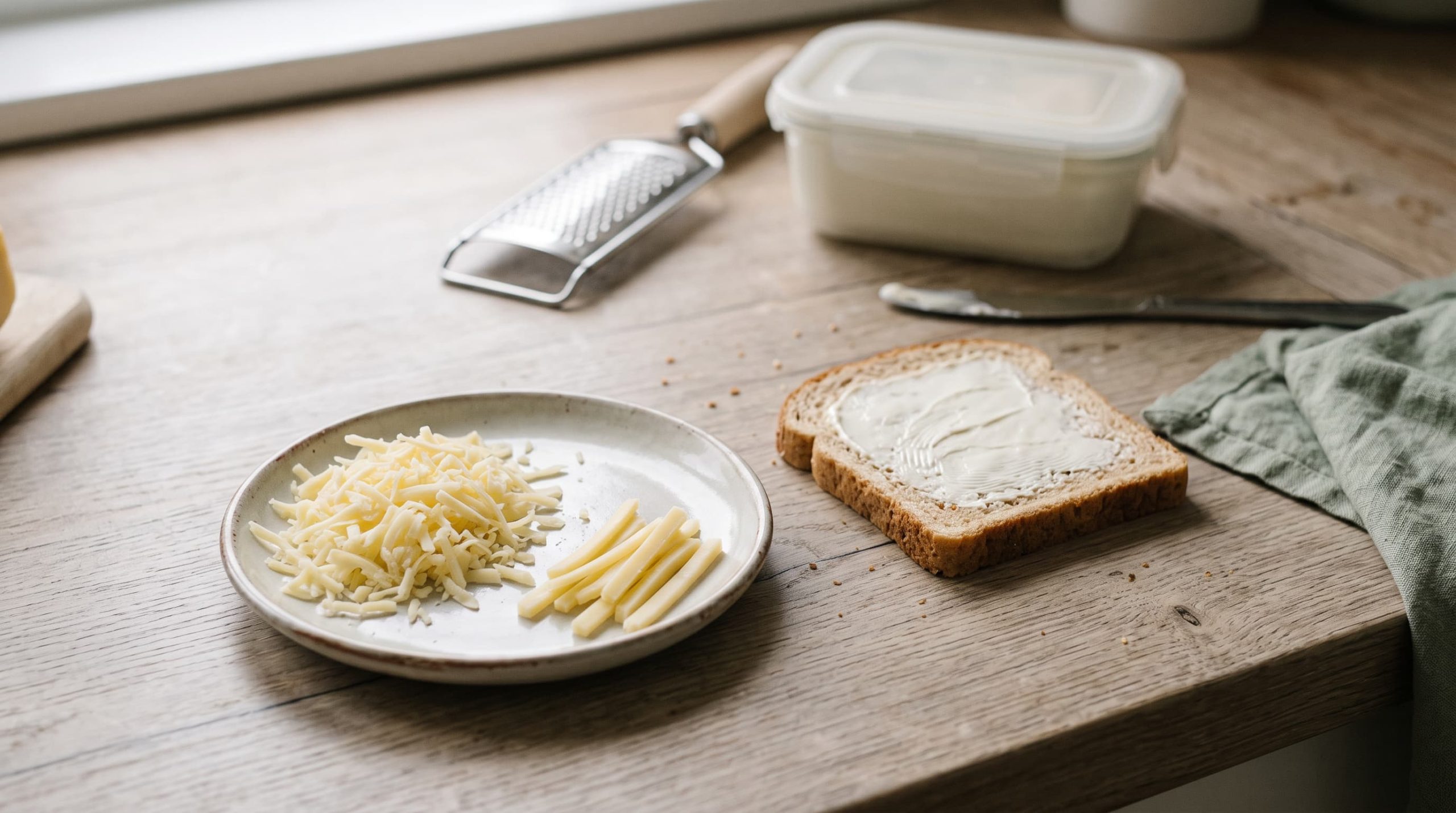 Käse für Babys: Fein geriebener Käse, kurze schmale Käsestreifen und Brot mit dünnem Frischkäseaufstrich