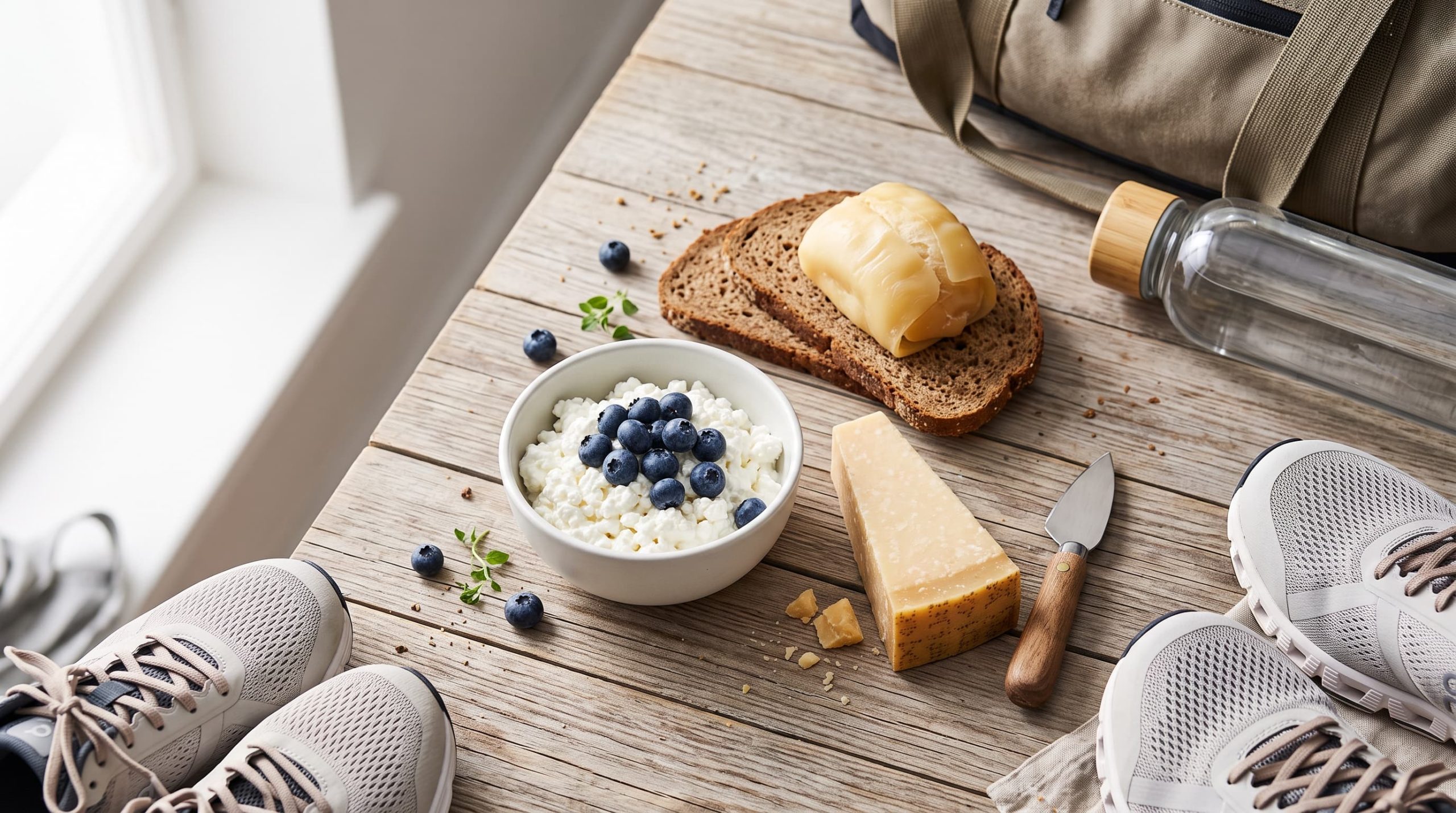 Käse und Sport: Hüttenkäse mit Beeren und Parmesan auf einem Holzbrett für die Sporternährung