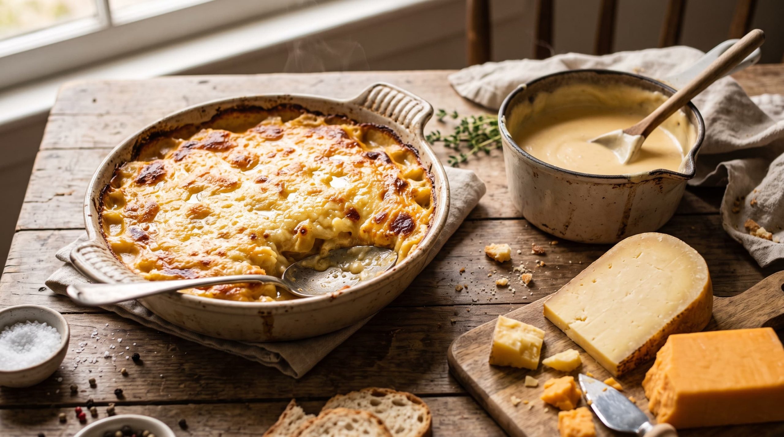 Käse zum Kochen: Goldbraun überbackener Auflauf und frisch geriebener Käse für Saucen auf einem Holztisch