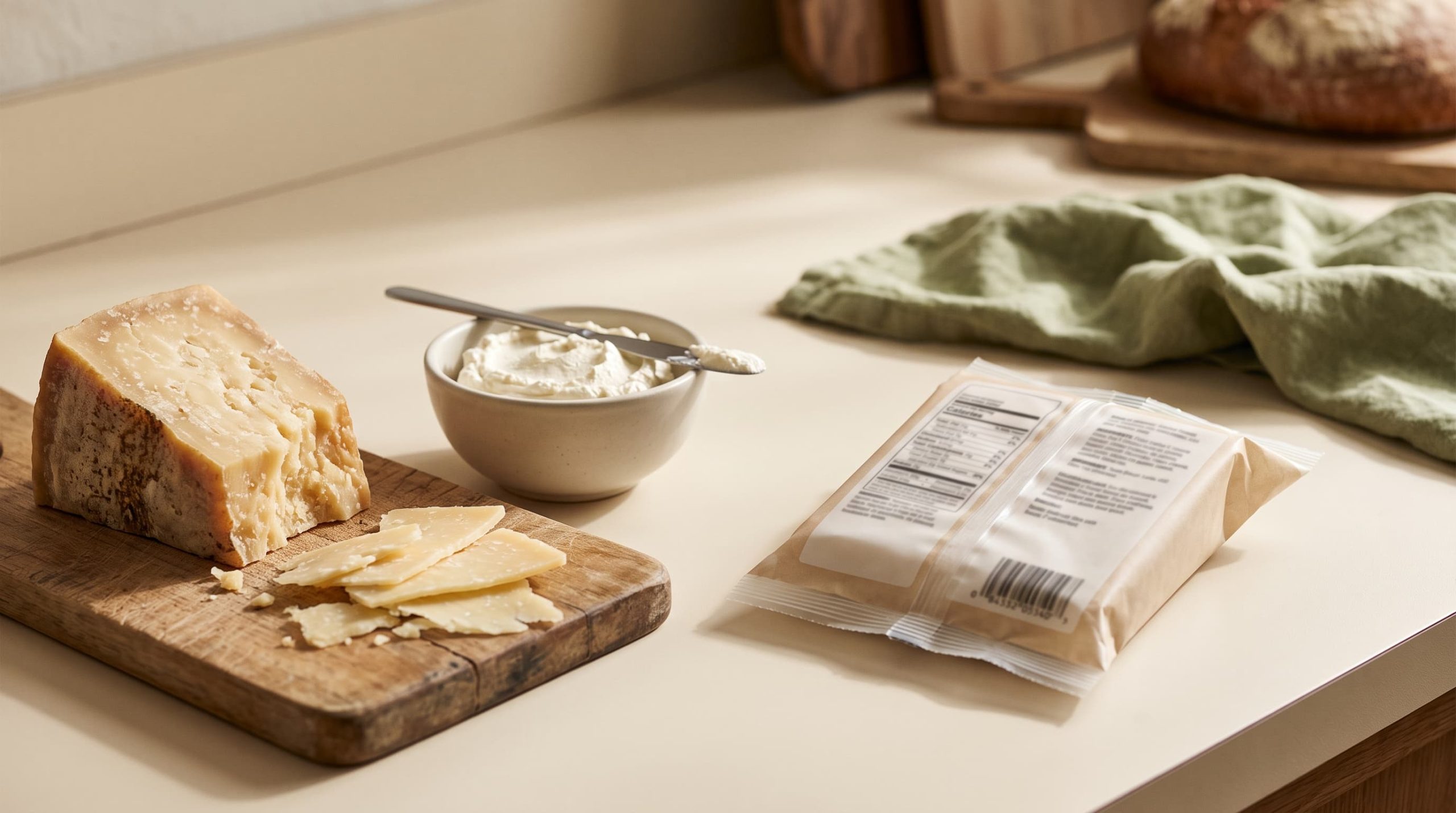 Laktose und Milcheiweiß im Käse: Hartkäse, Käsescheiben und Frischkäse neben einer Produktverpackung