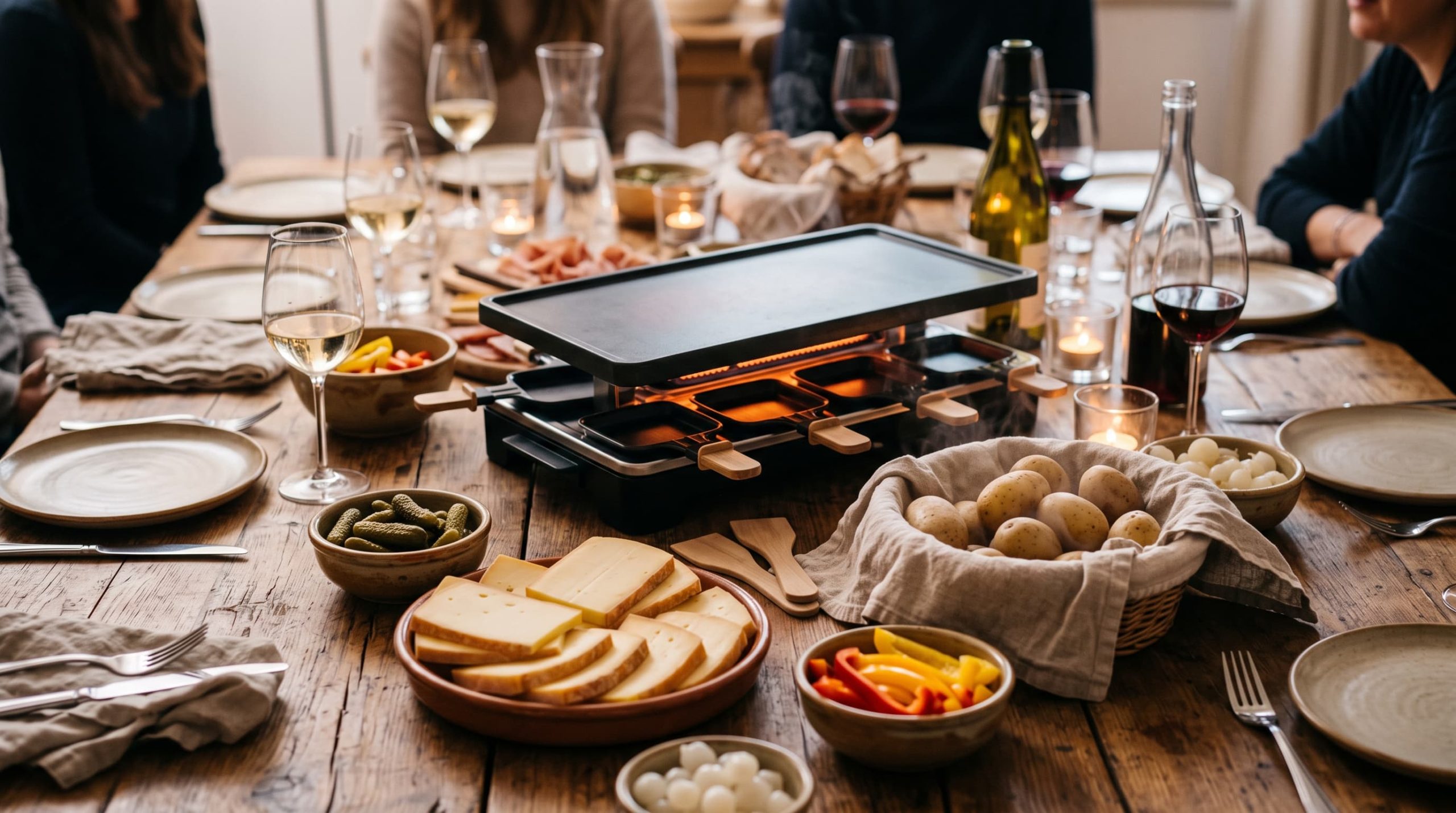 Raclette richtig vorbereiten: Raclettekäse, Pellkartoffeln und Beilagen auf dem gedeckten Tisch