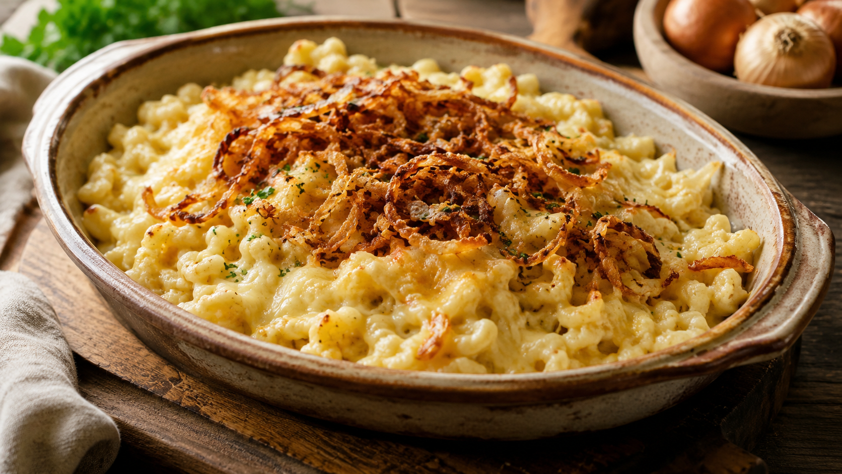 Käsespätzle Rezept mit Bergkäse und Röstzwiebeln