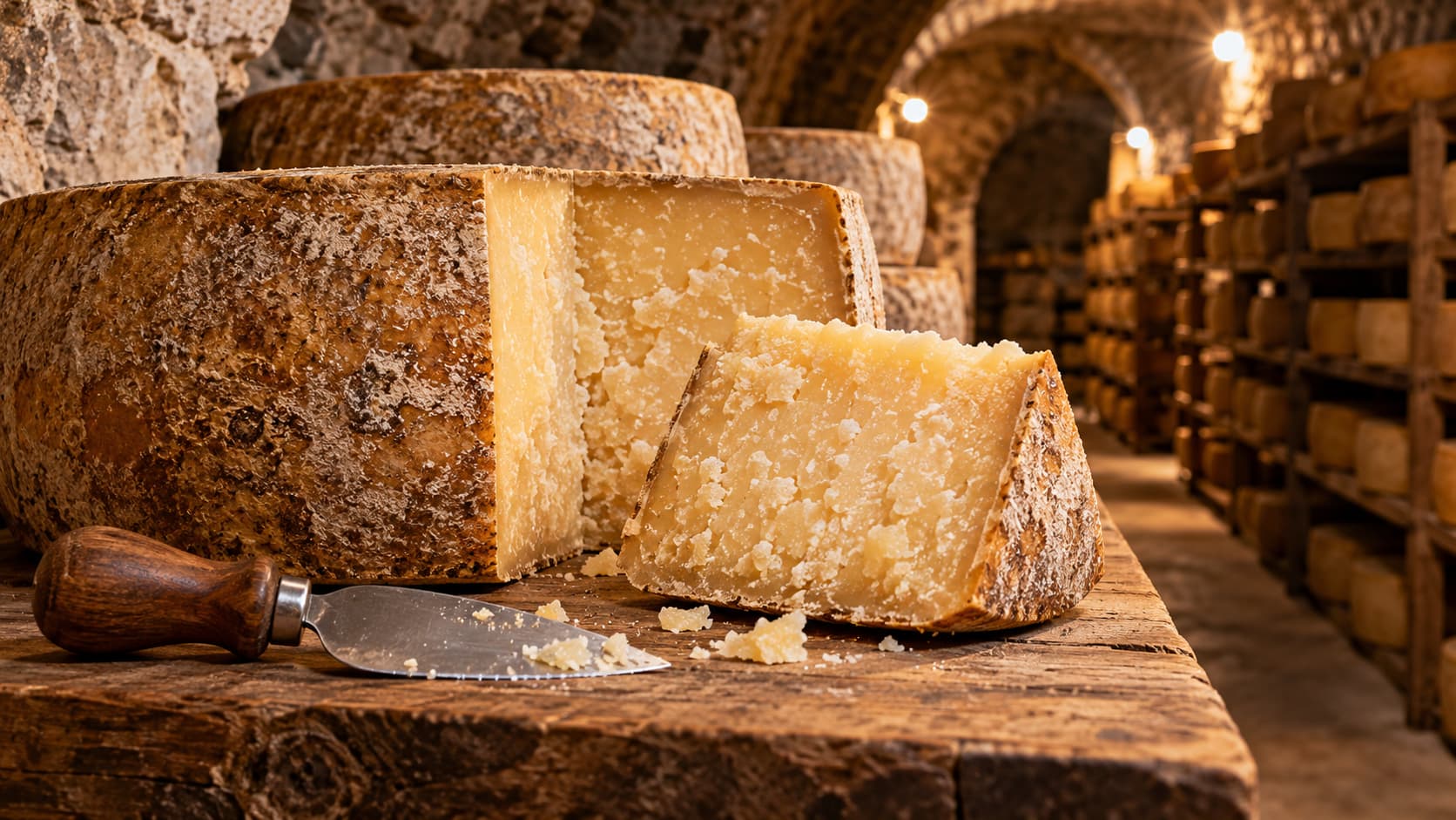 Guter Käse reift traditionell auf Holzbrettern im Reifekeller