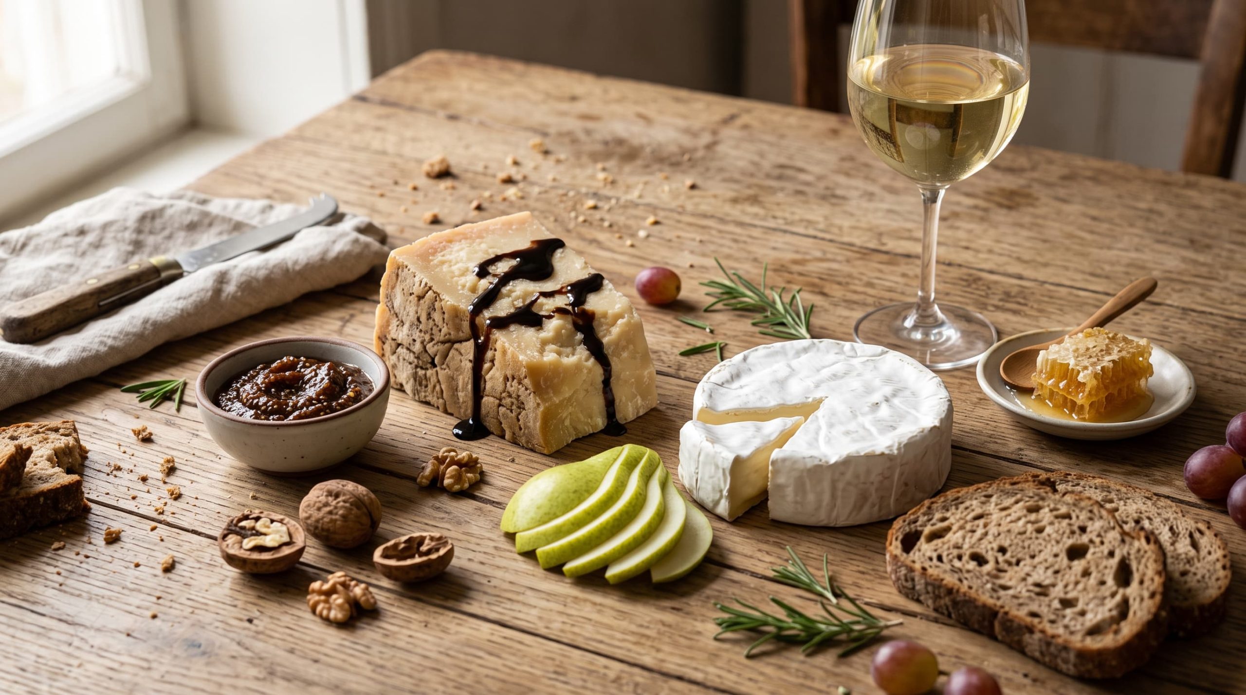 Welcher Käse passt wozu: Käseplatte mit Früchten, Nüssen, Feigensenf und Brotarrangements