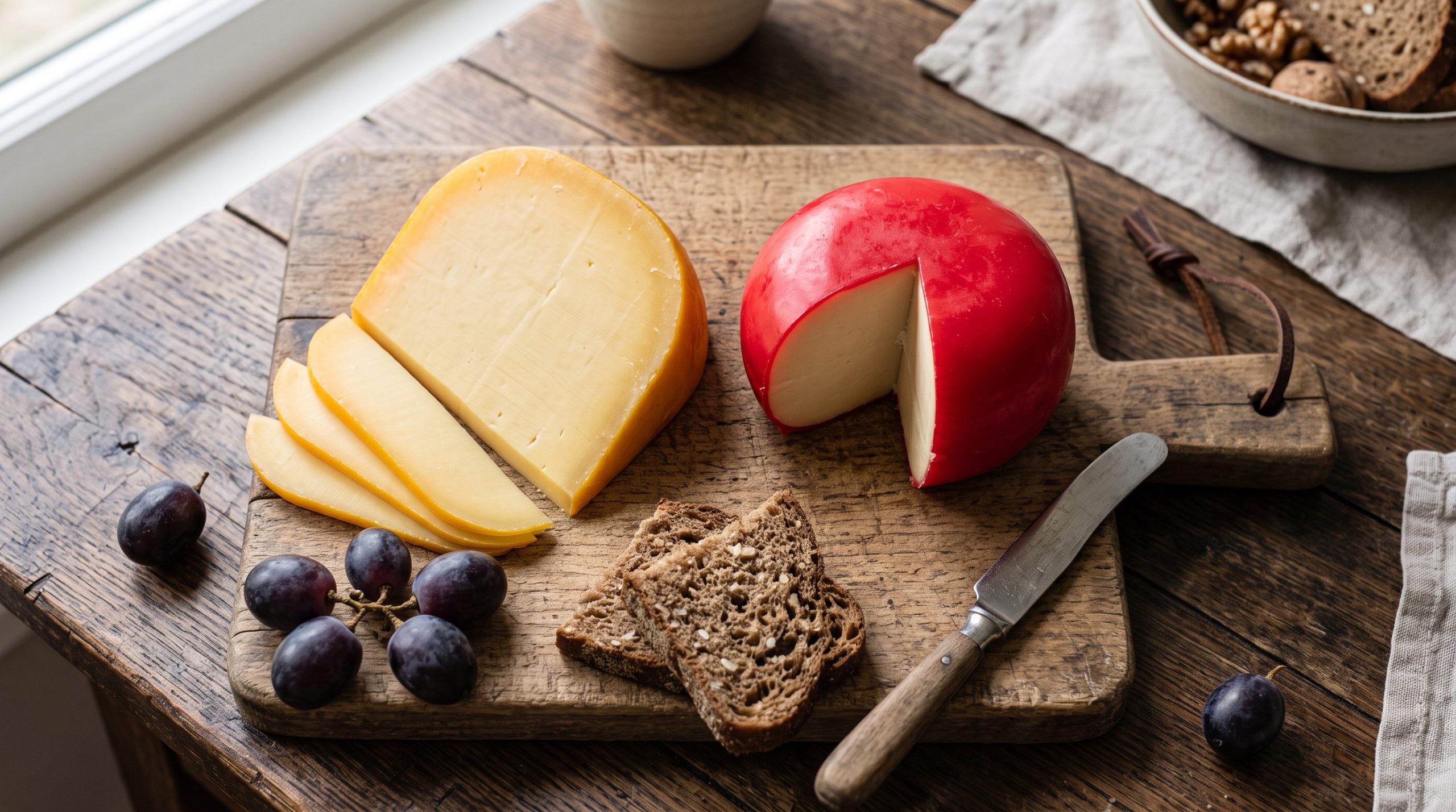 Gouda vs. Edamer: Gouda-Keil und roter Edamer im Vergleich auf einem Holzbrett