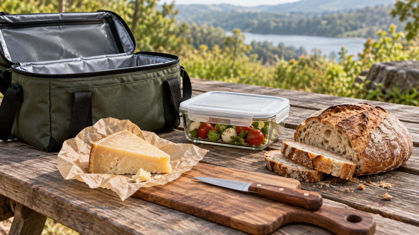 Käse transportieren: Kühltasche mit Hartkäse, Dose und Brot auf dem Picknicktisch