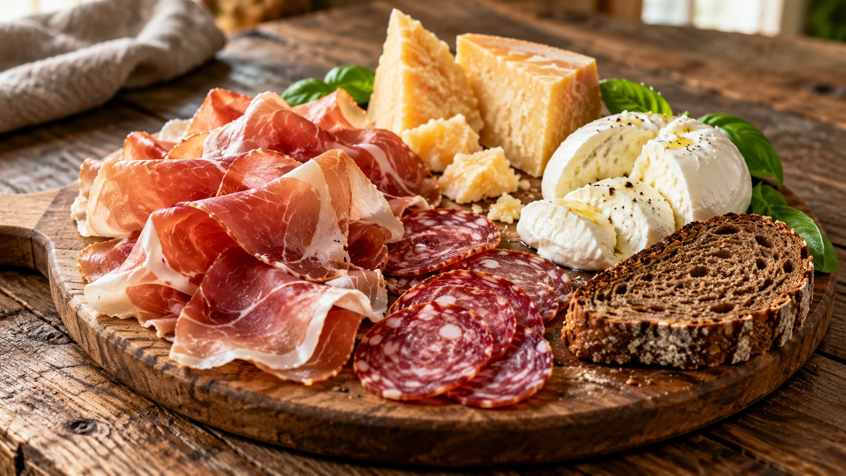 Rohschinken, Salami und Käse mit Roggenbrot auf einem Holztisch