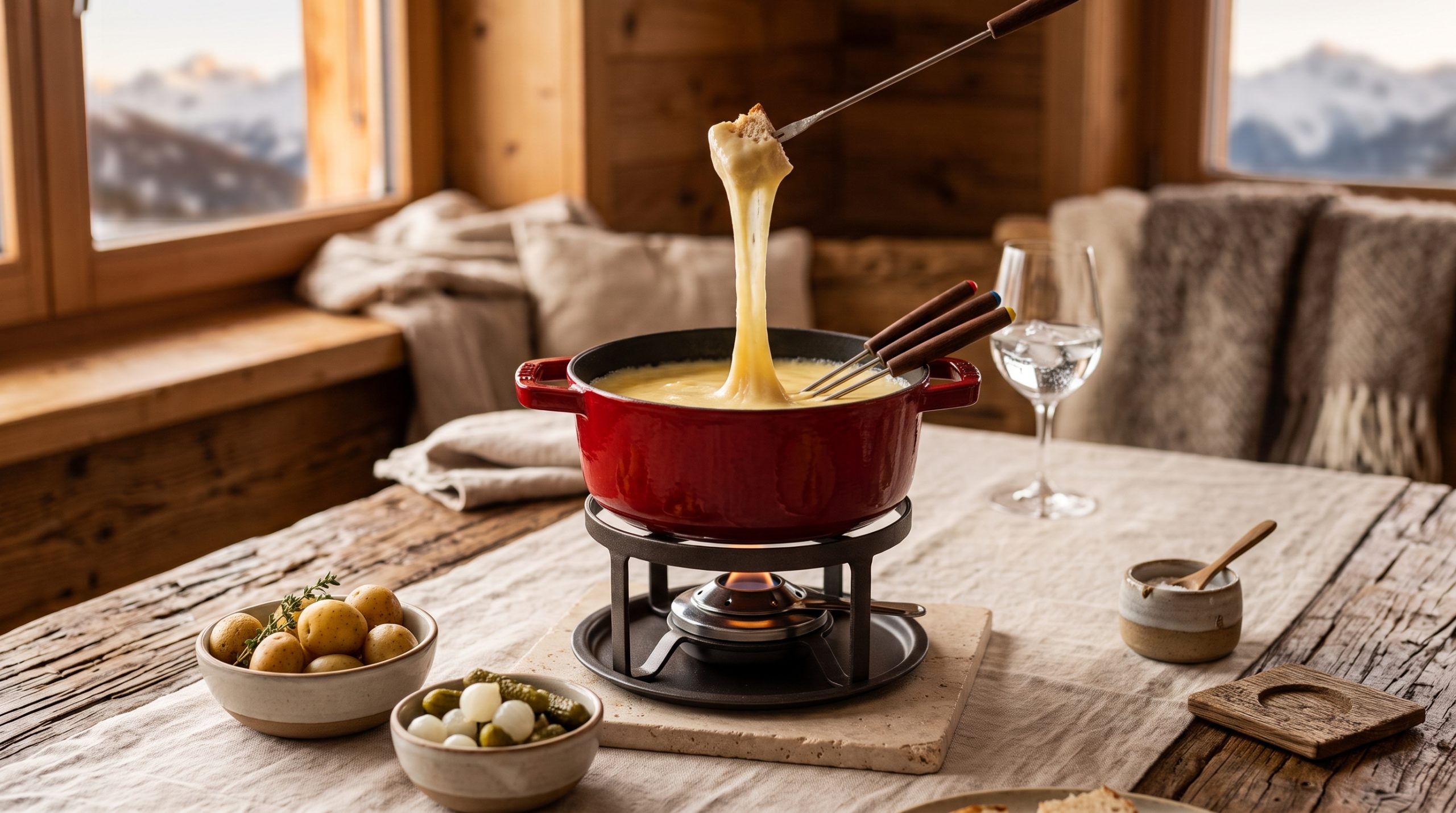 Traditionelles Käsefondue-Set aus emailliertem Gusseisen mit Rechaud und geschmolzenem Käse auf dem Tisch