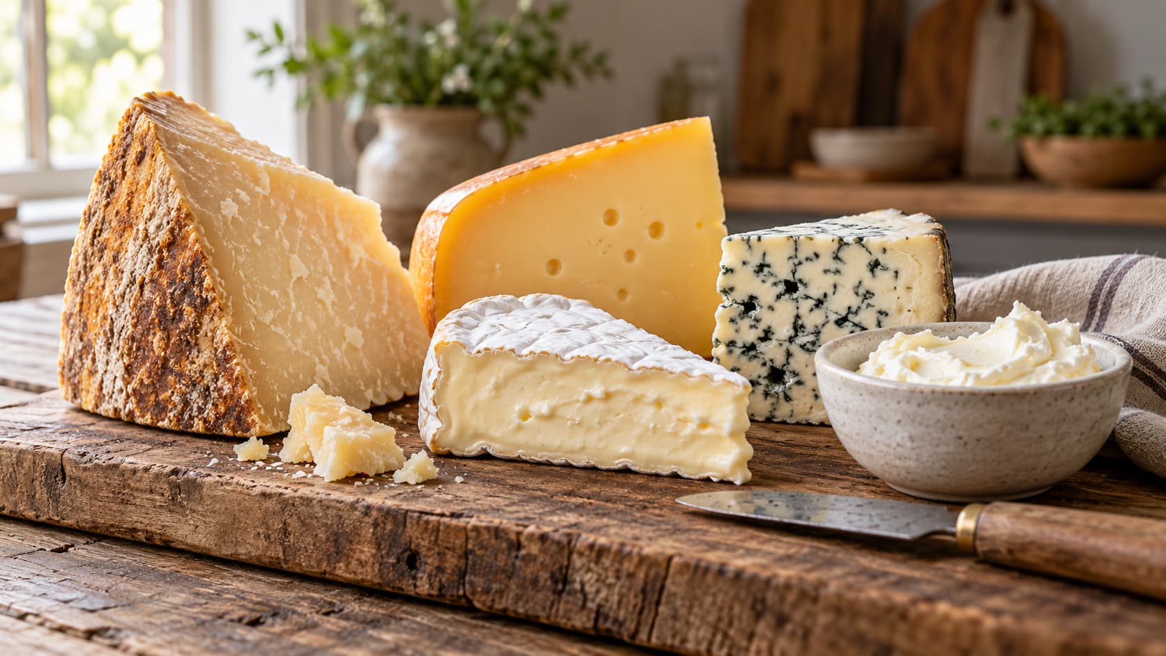Käsewissen: Hartkäse, Schnittkäse, Weichkäse, Blauschimmelkäse und Frischkäse auf einem Holzbrett