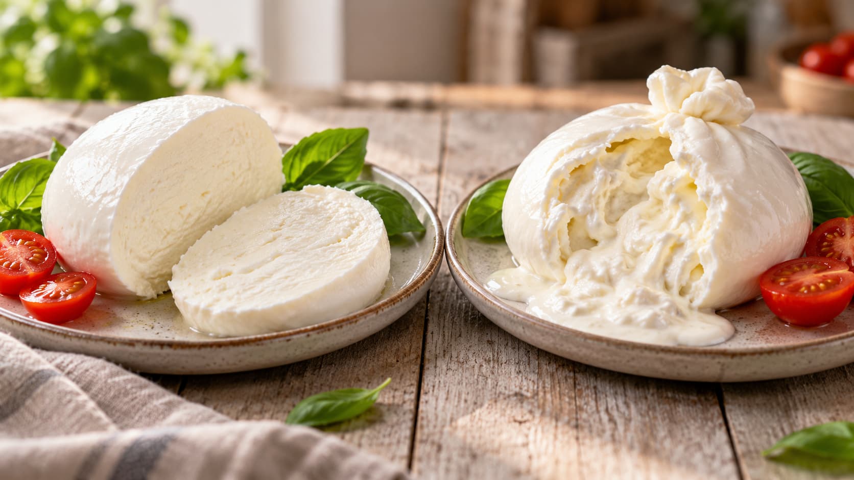 Mozzarella vs. Burrata: aufgeschnittener Mozzarella links und geöffnete Burrata mit cremiger Füllung rechts