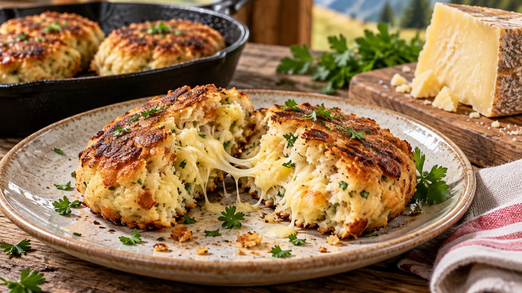 Käse für Kaspressknödel: goldbraune Laibchen mit geschmolzenem Bergkäse und Petersilie