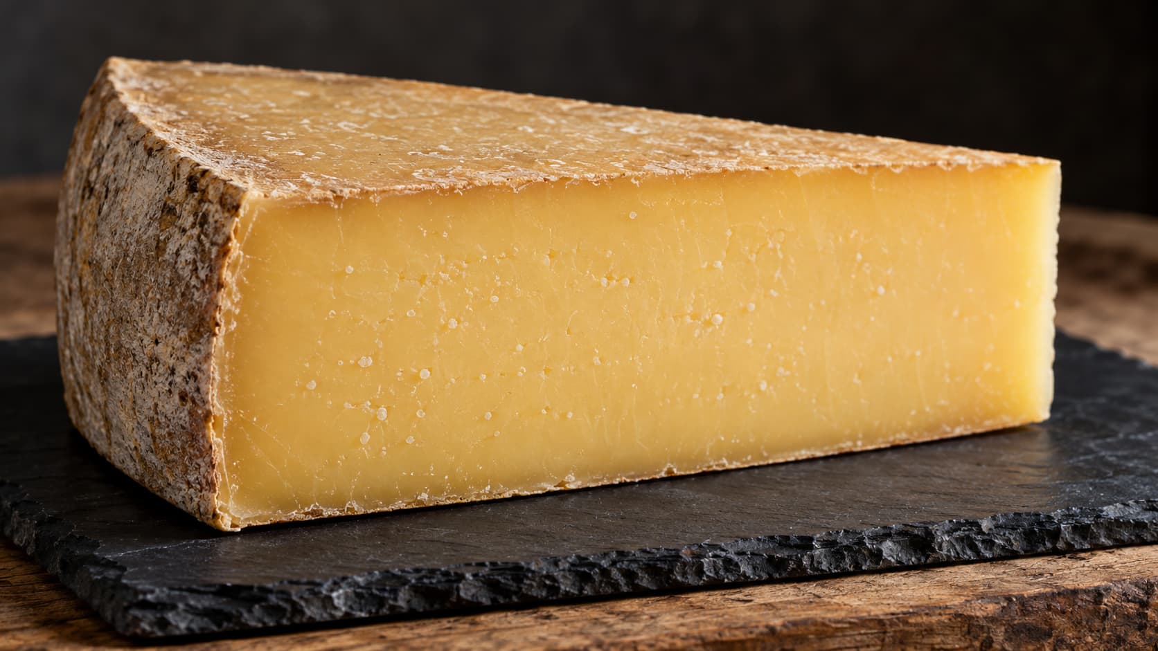 Angeschnittener Comté Käse mit dichter gelber Textur und Naturrinde auf einem Holzbrett