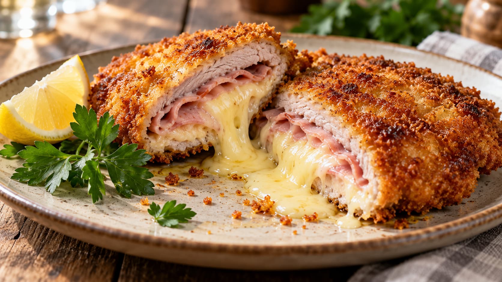 Käse für Cordon bleu: geschmolzene Füllung mit Kochschinken im aufgeschnittenen Schnitzel
