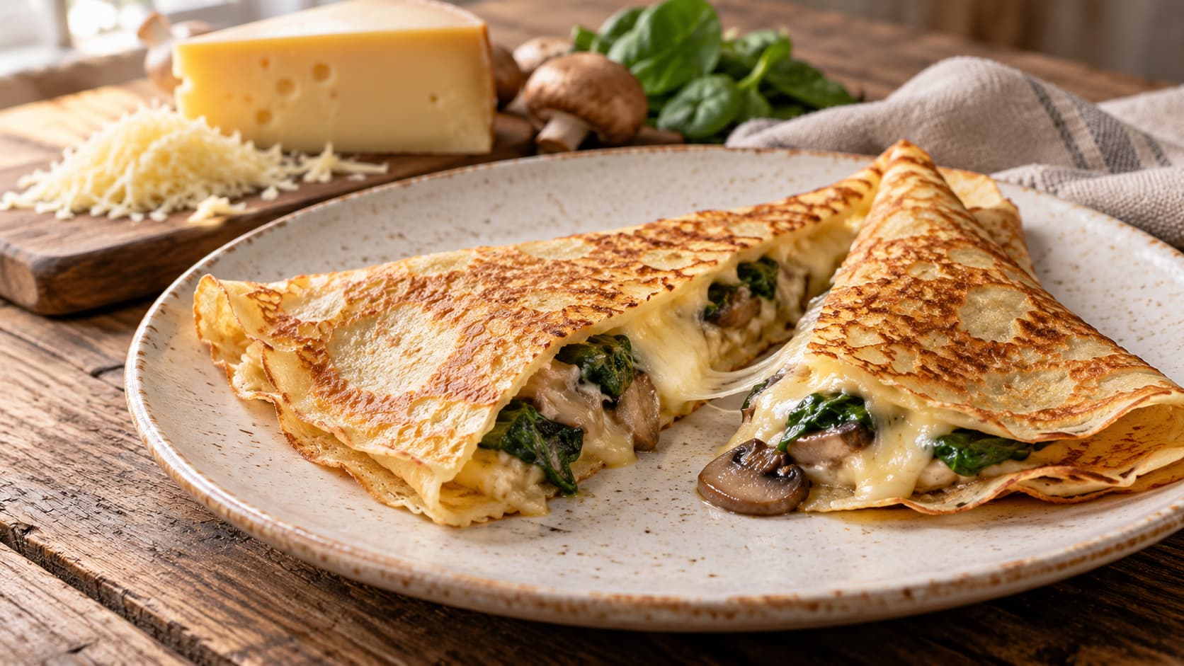 Herzhafte Crêpes, Käse als geschmolzene Füllung, dazu Spinat und Pilze