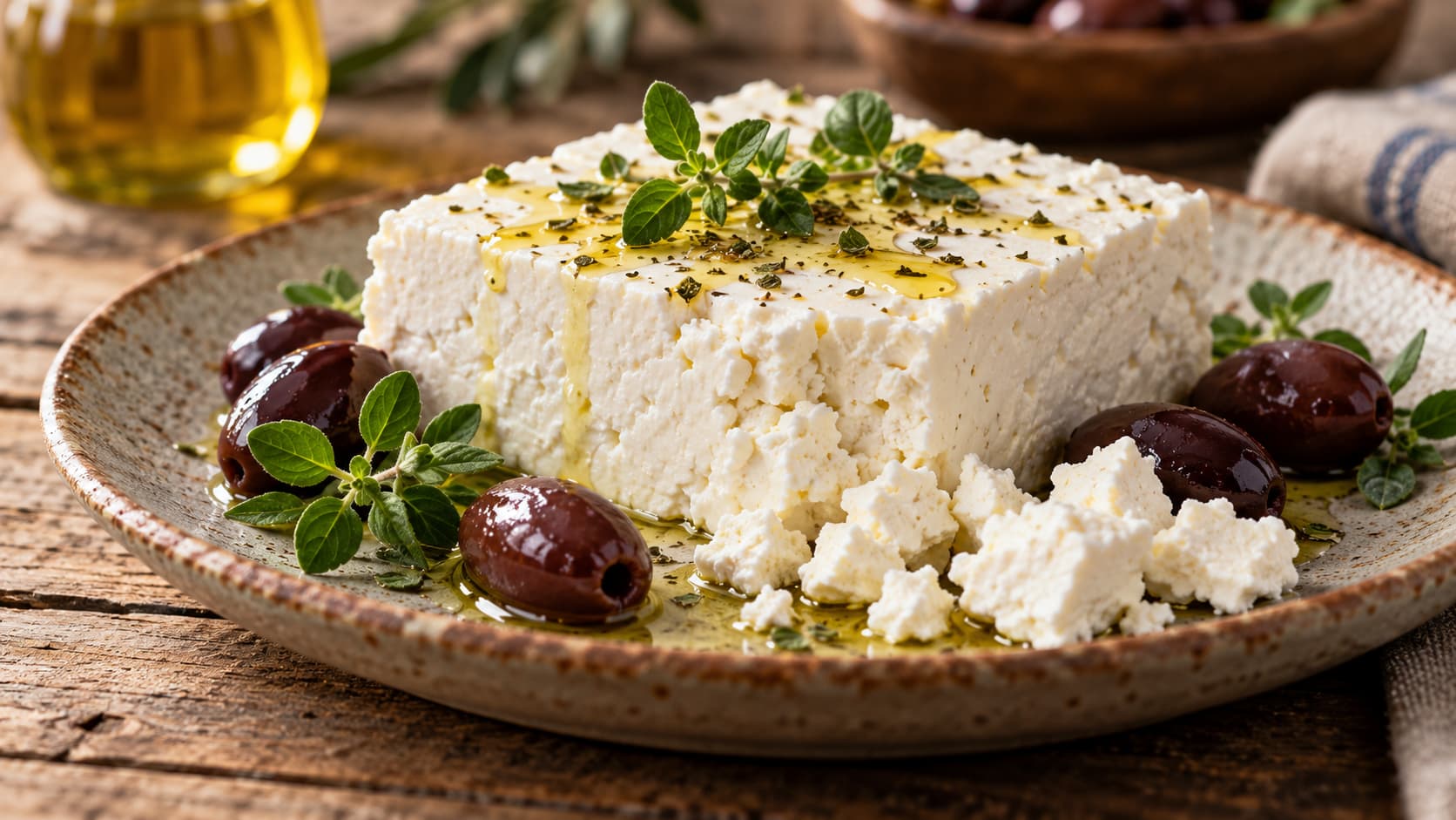 Feta auf einem Keramikteller mit Oliven, Oregano und Olivenöl