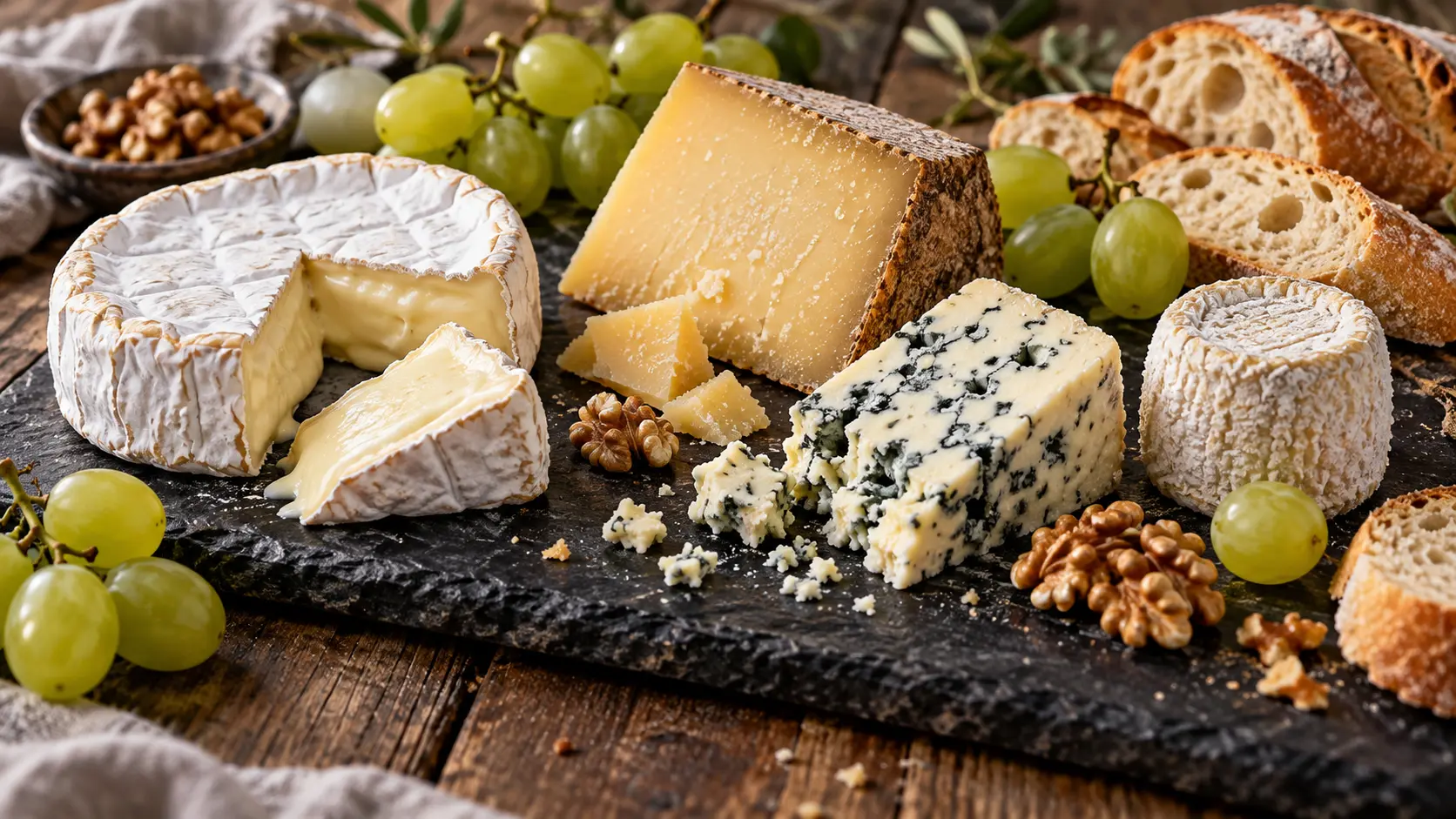 Französische Käsesorten. Auswahl französischer Käsesorten mit Camembert, Comté und Blauschimmelkäse auf Schieferplatte