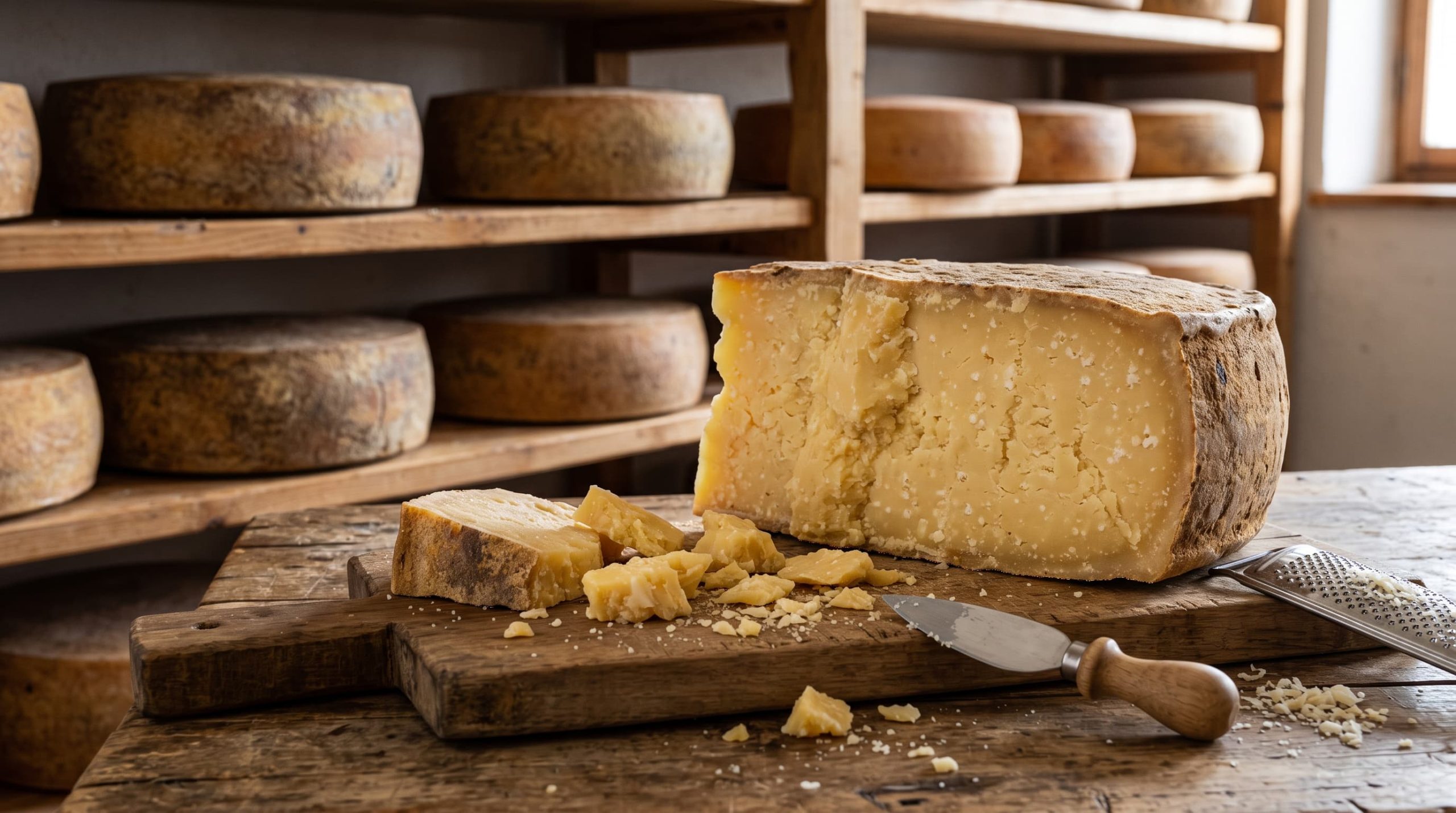 Traditioneller gereifter Hartkäse mit feinen Reifekristallen auf einem rustikalen Holzbrett