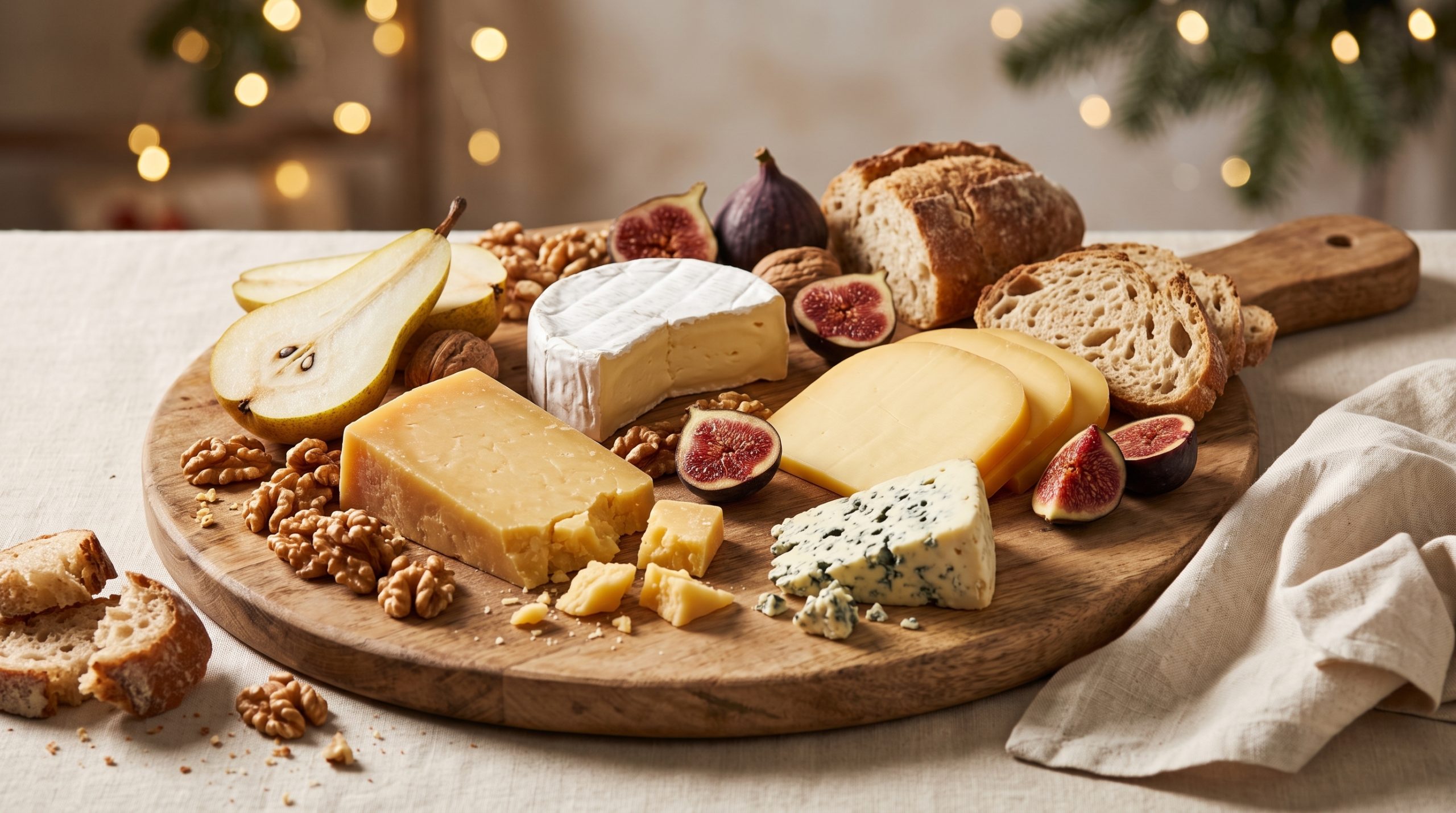 Käse an Weihnachten: festliche Käseplatte mit Brie, Hartkäse, Birnen und Walnüssen