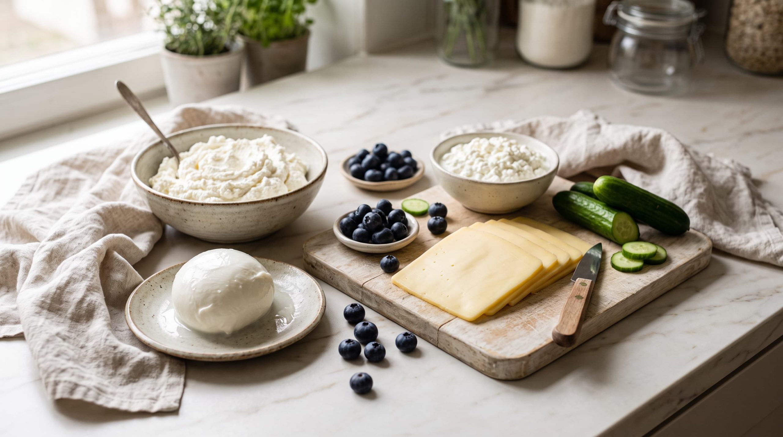 Käse bei Histaminintoleranz: Teller mit histaminarmem Frischkäse, jungem Gouda und Ricotta