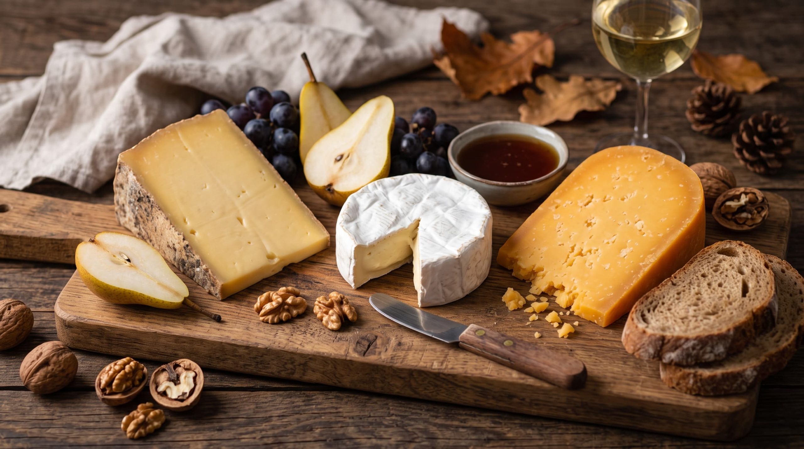 Käse im Herbst und Winter mit Bergkäse, Brie, gereiftem Gouda und herbstlichen Beilagen