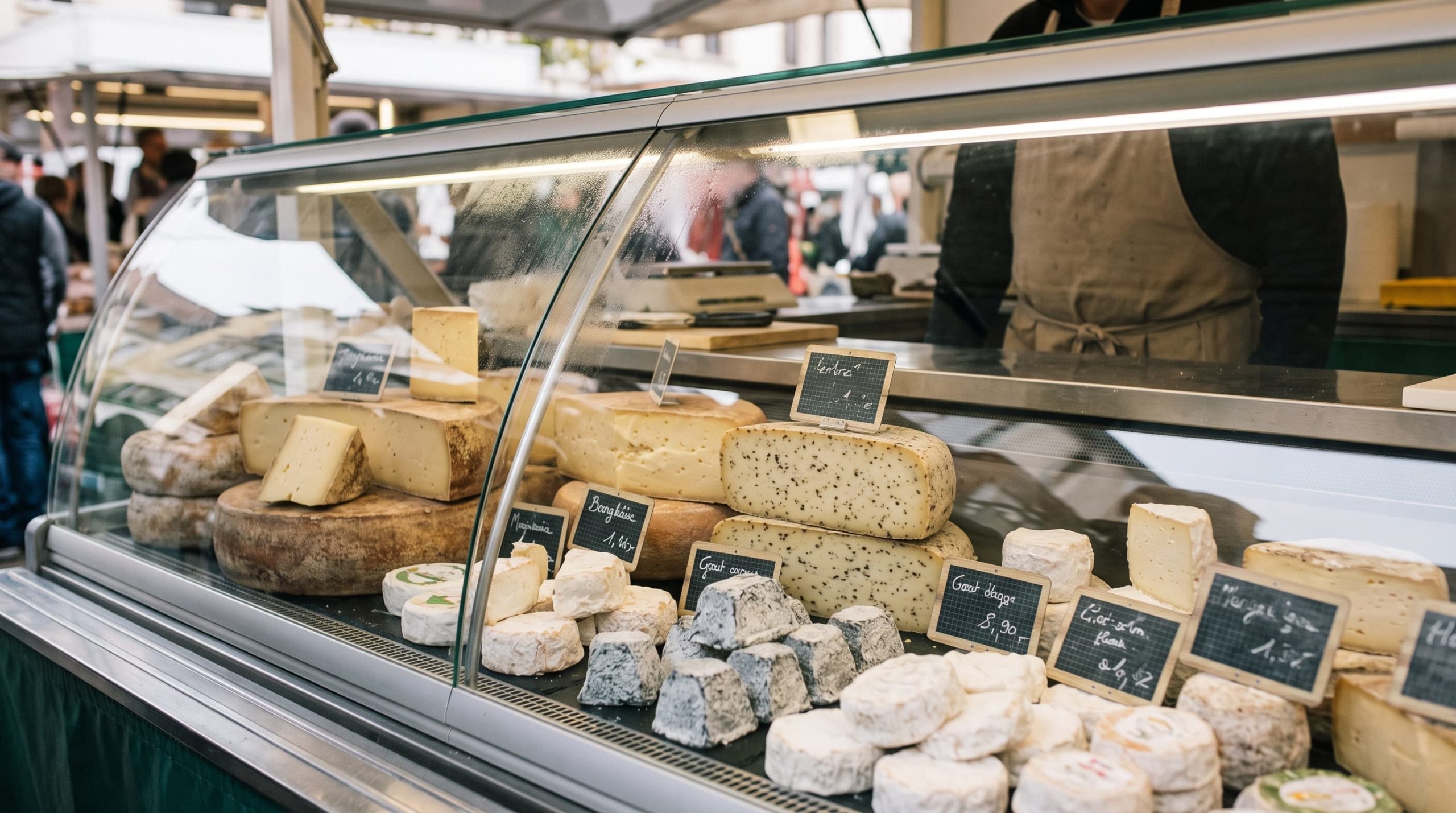 Käse vom Wochenmarkt an einer gekühlten Käsetheke auswählen