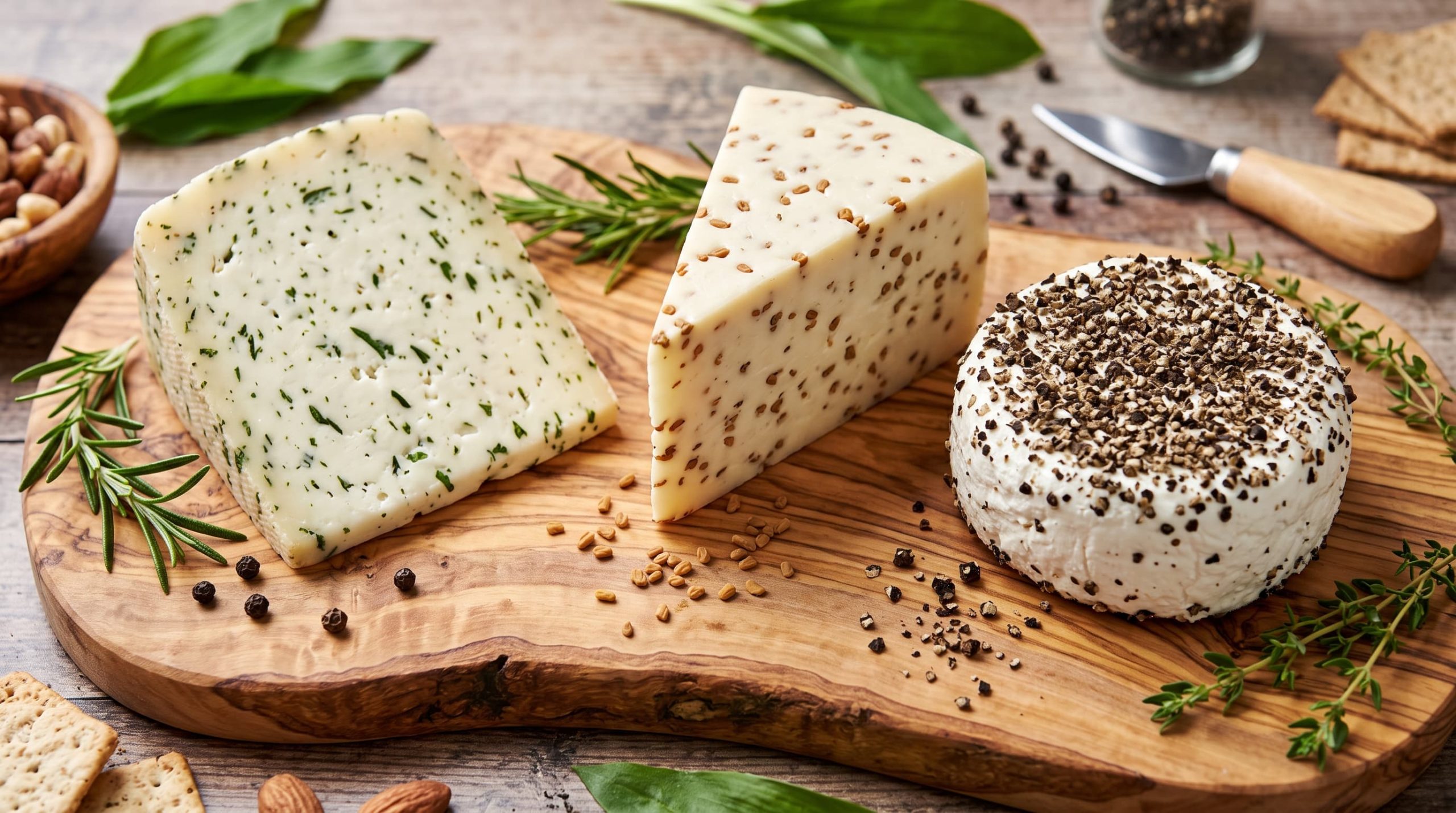 Aufgeschnittener Kräuterkäse mit Bärlauch und ein Gewürzkäse mit Bockshornkleesamen und Pfefferkörnern auf einem Holzbrett