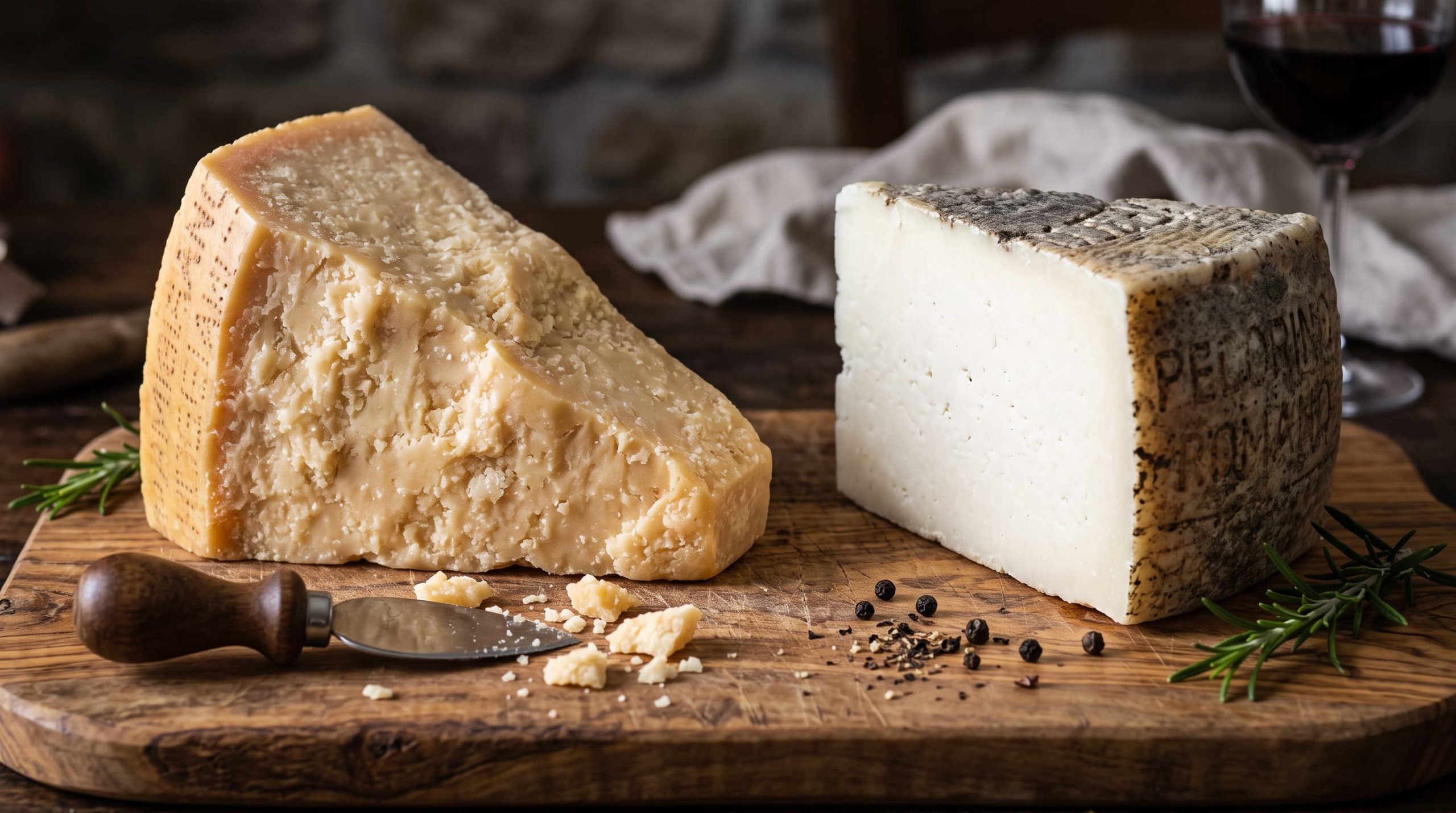 Parmesan vs. Pecorino im direkten Vergleich auf einem Holzbrett mit Käsehobel