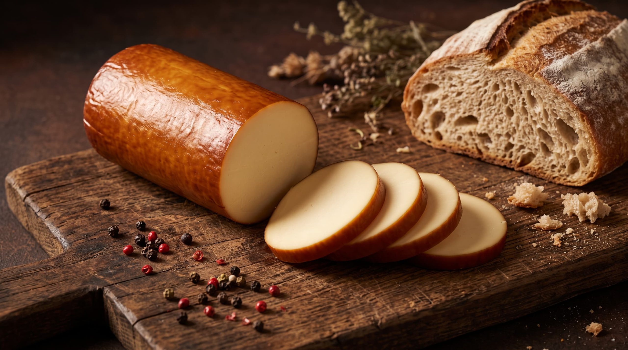 Angeschnittener Rauchkäse mit goldbrauner Räucherrinde und hellgelbem Teig auf einem rustikalen Holzbrett